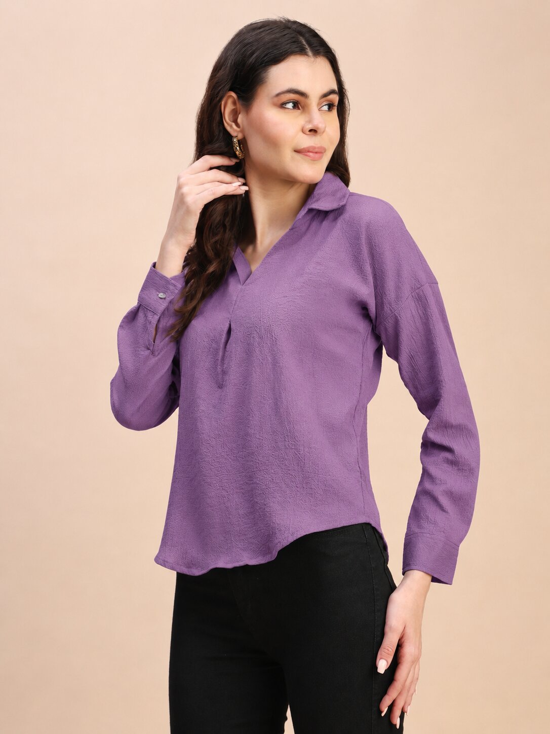 V-Neck Pleat Detail Full-Sleeve Top