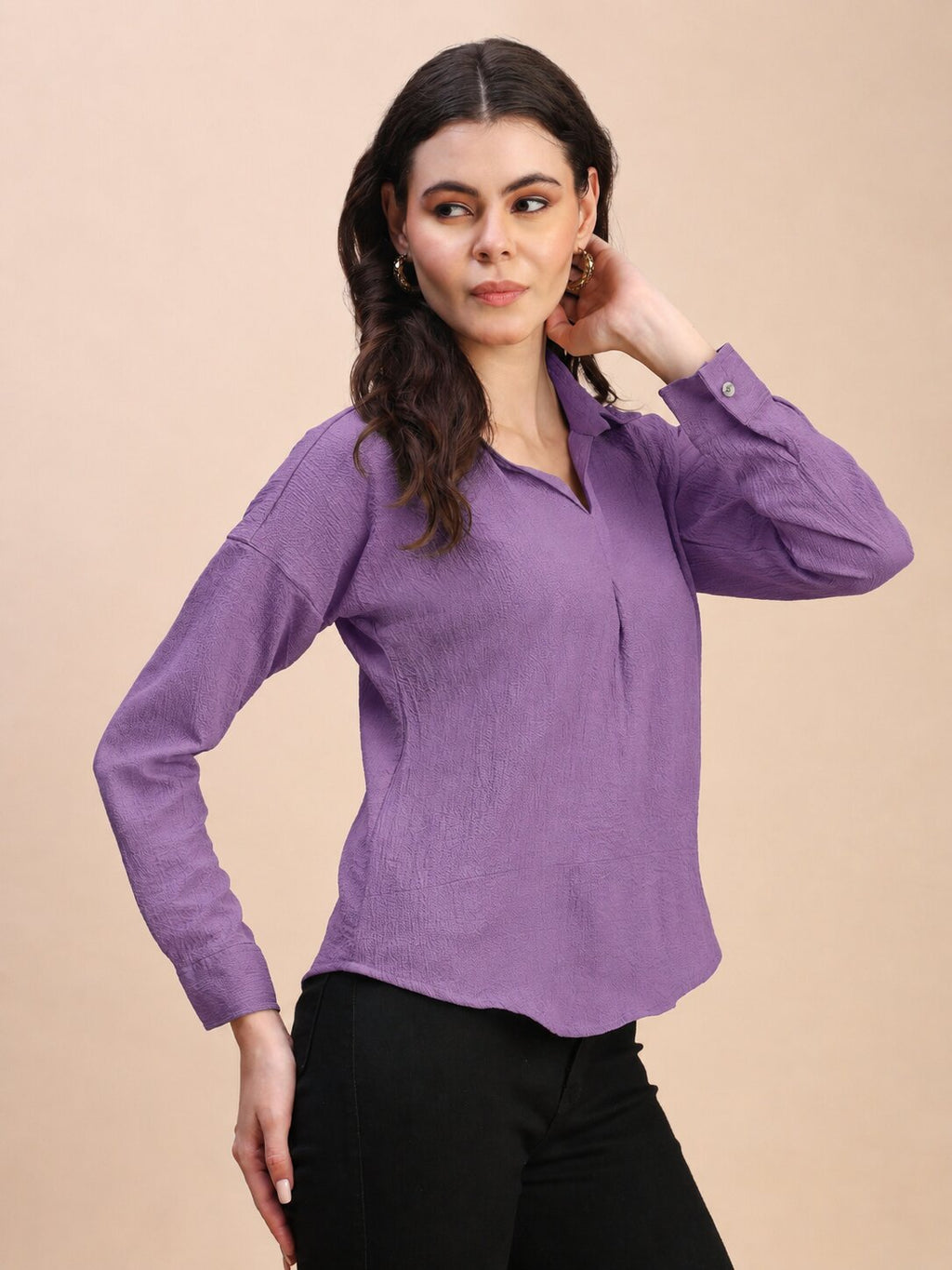 V-Neck Pleat Detail Full-Sleeve Top