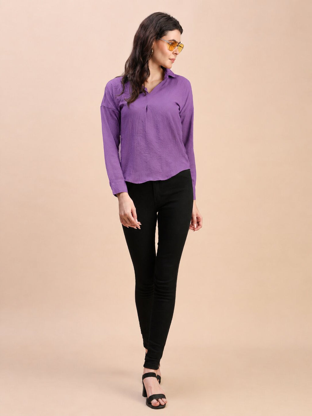V-Neck Pleat Detail Full-Sleeve Top