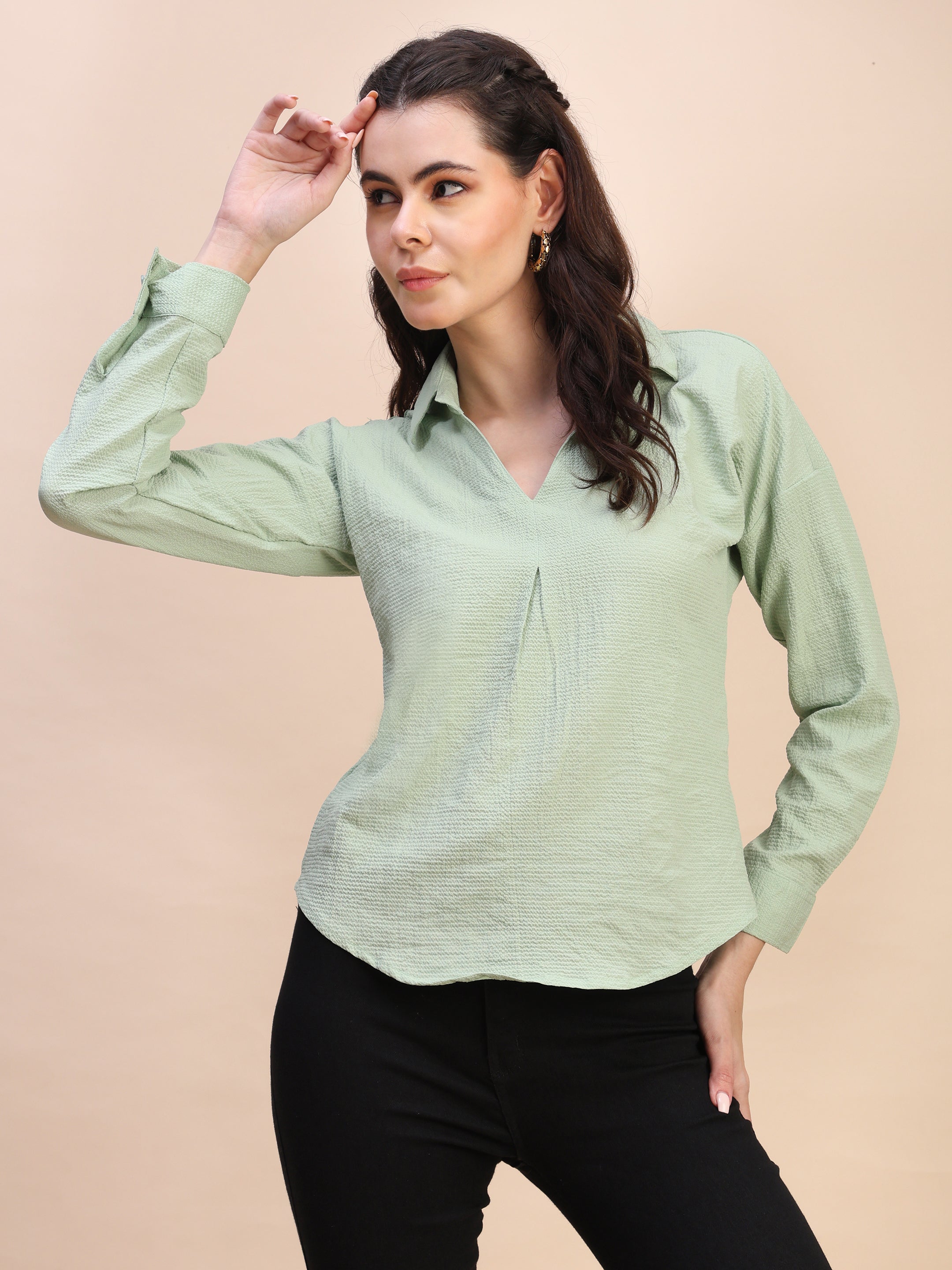 V-Neck Pleat Detail Full-Sleeve Top