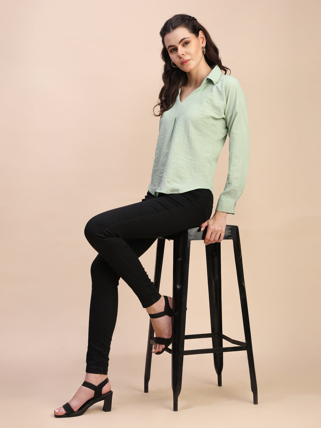 V-Neck Pleat Detail Full-Sleeve Top
