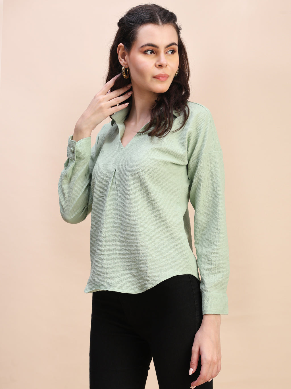 V-Neck Pleat Detail Full-Sleeve Top