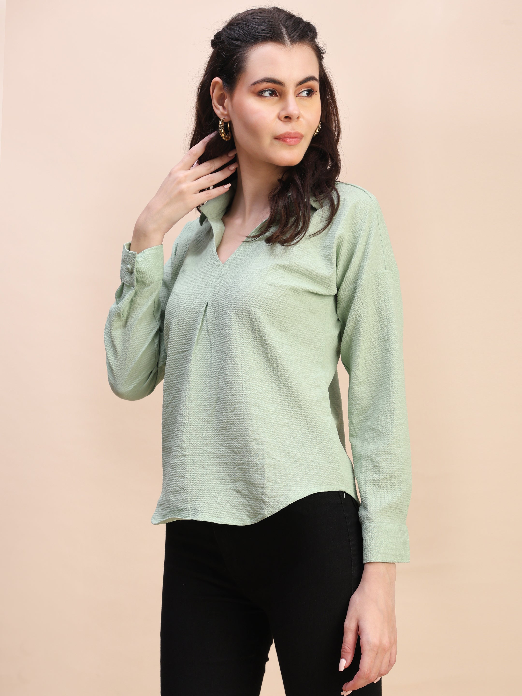 V-Neck Pleat Detail Full-Sleeve Top