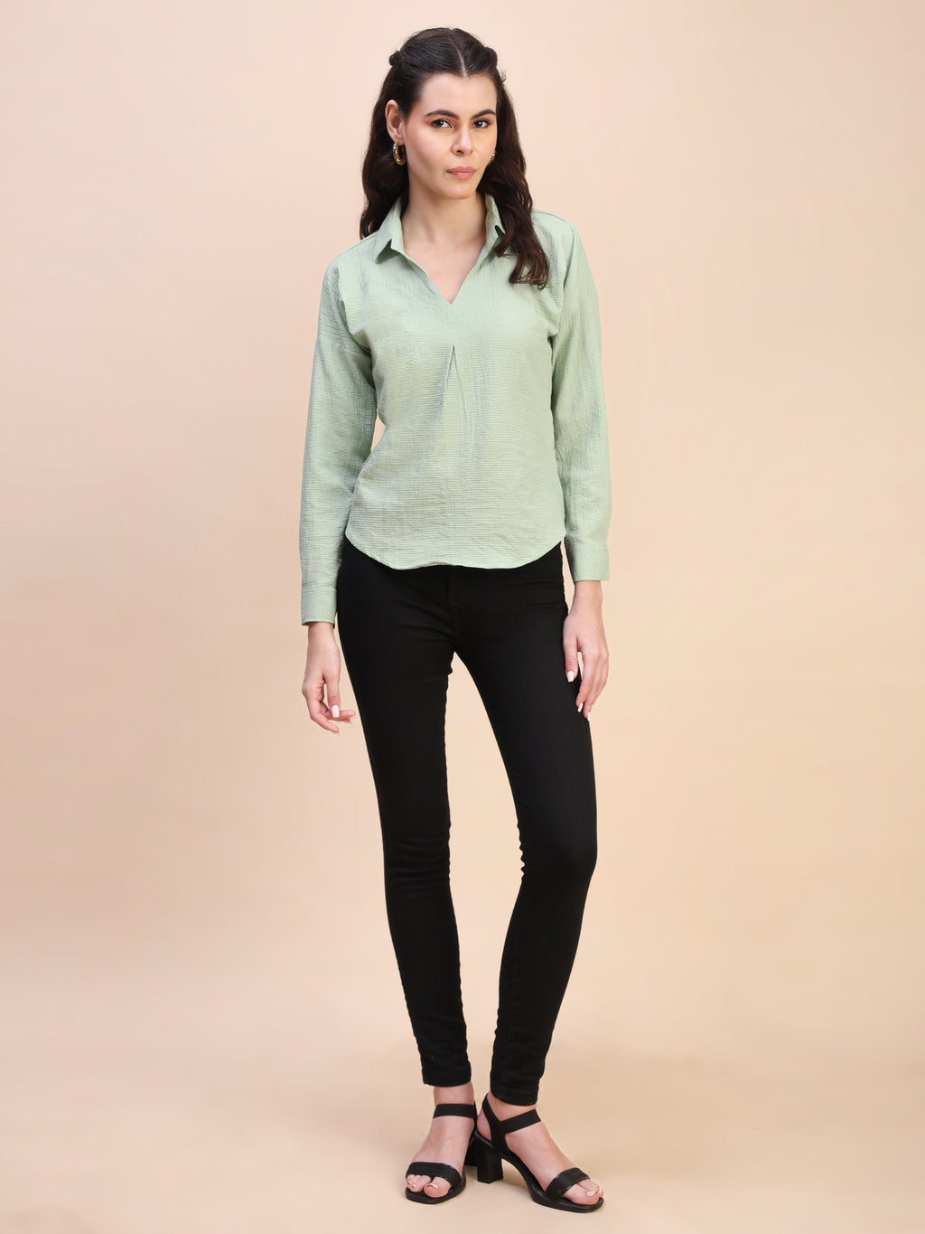 V-Neck Pleat Detail Full-Sleeve Top