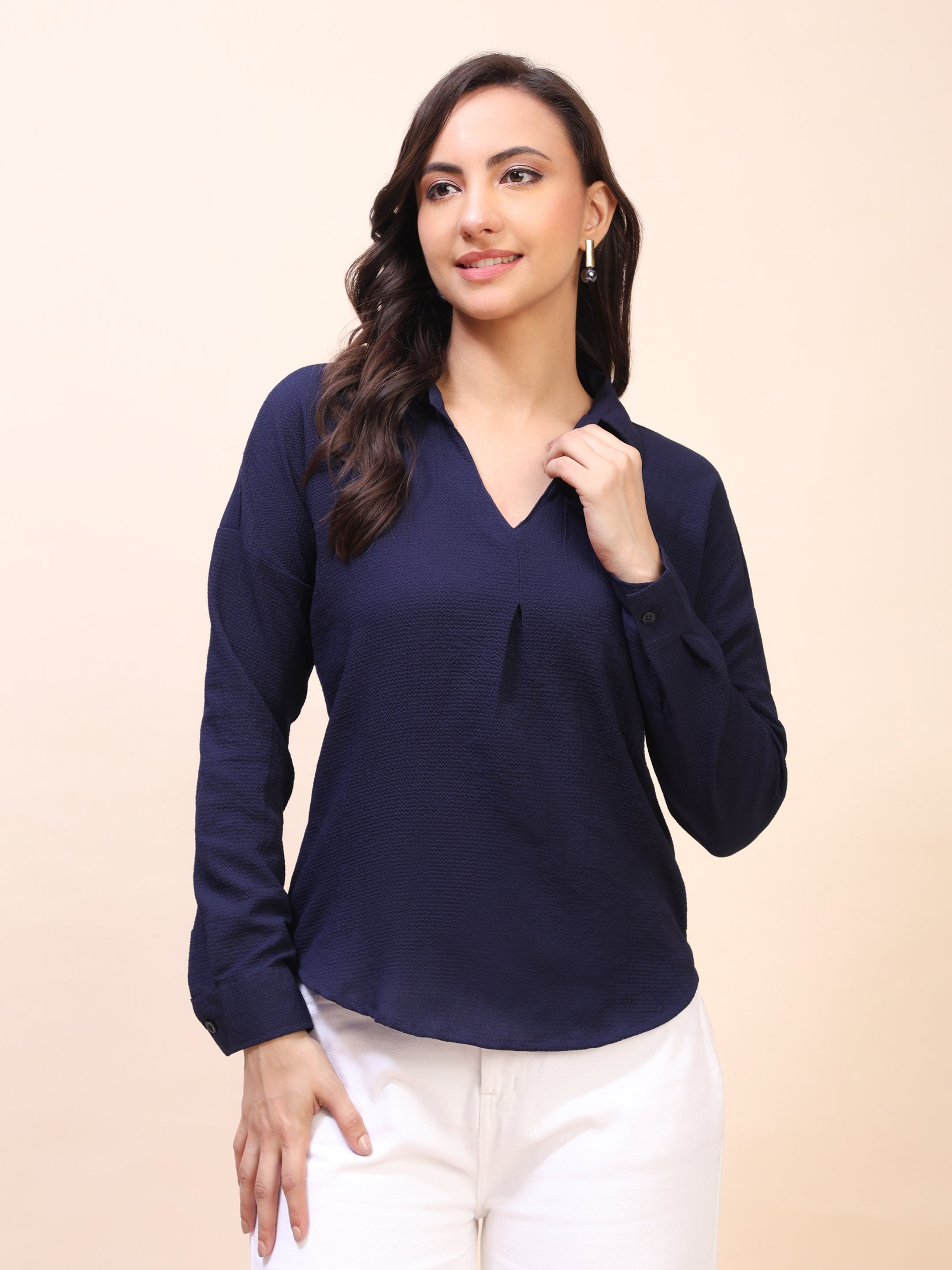 V-Neck Pleat Detail Full-Sleeve Top