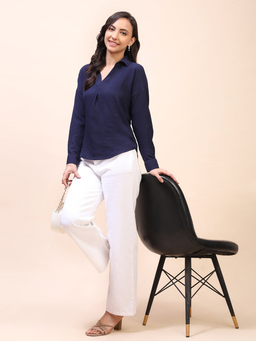 V-Neck Pleat Detail Full-Sleeve Top