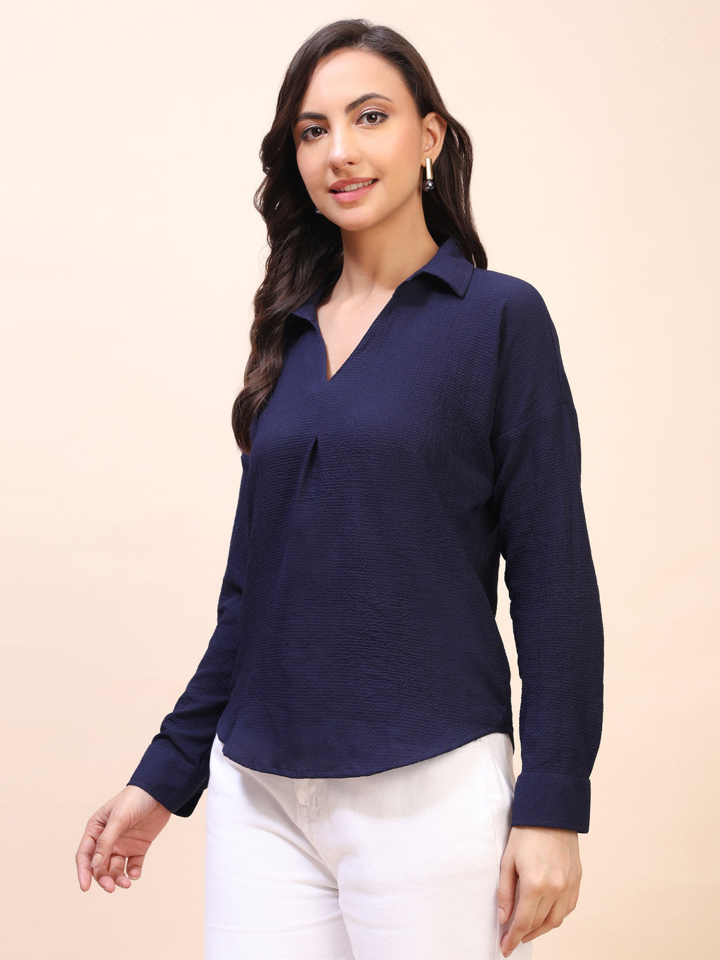 V-Neck Pleat Detail Full-Sleeve Top