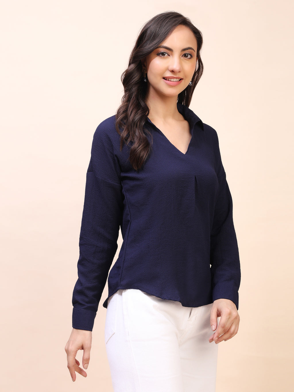 V-Neck Pleat Detail Full-Sleeve Top