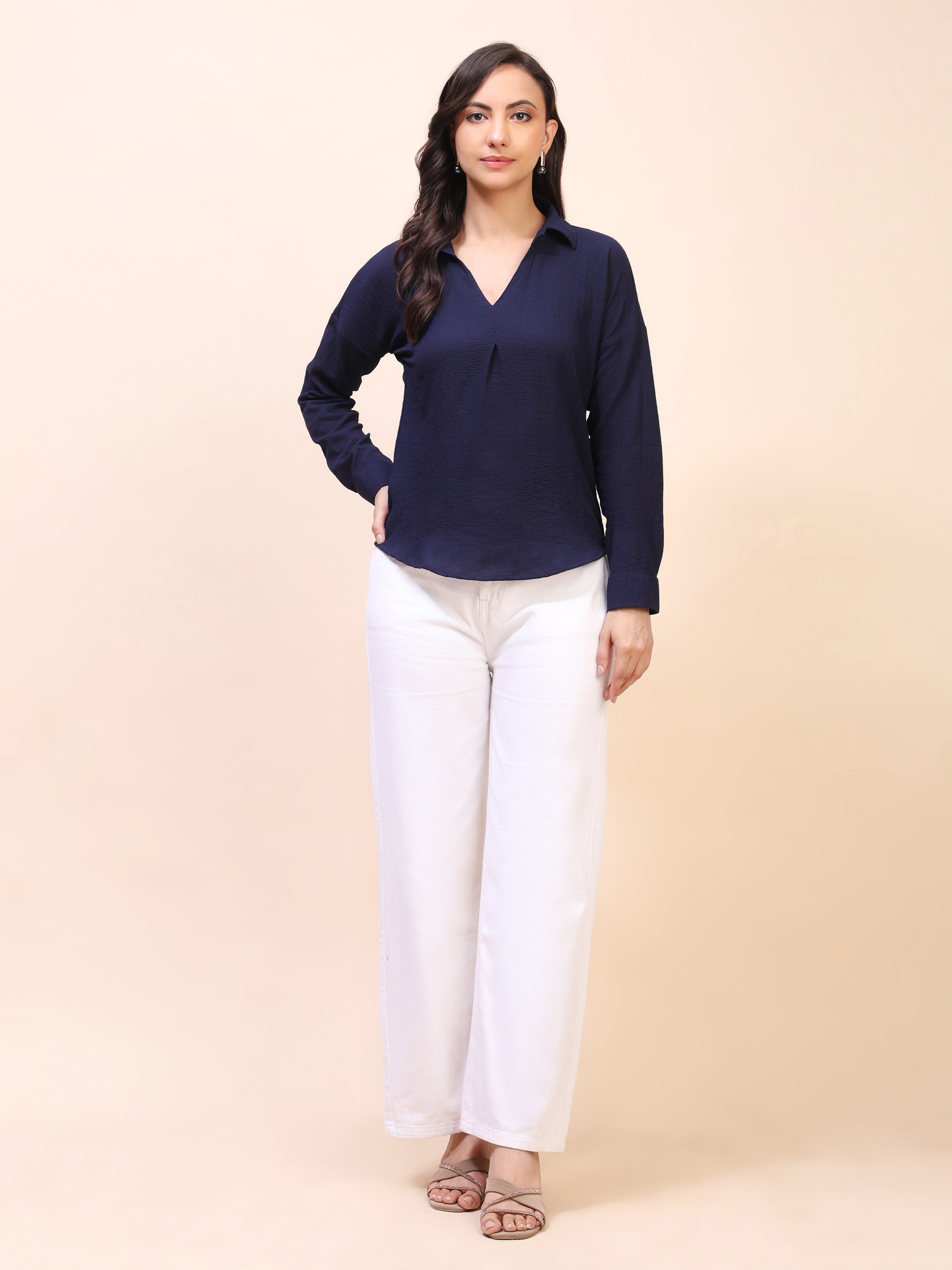 V-Neck Pleat Detail Full-Sleeve Top