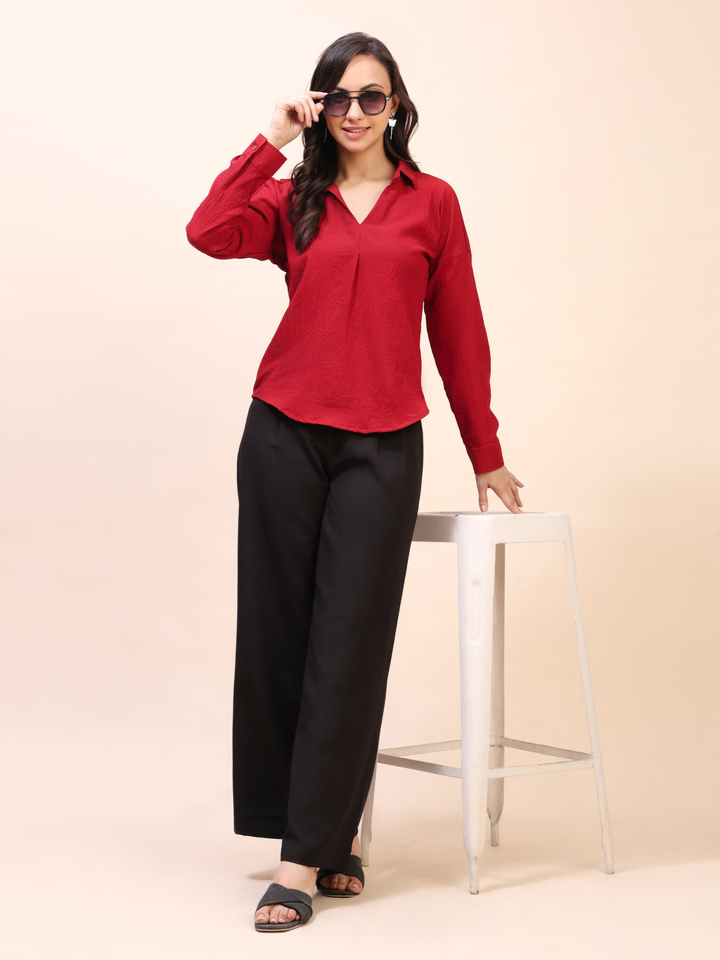 V-Neck Pleat Detail Full-Sleeve Top