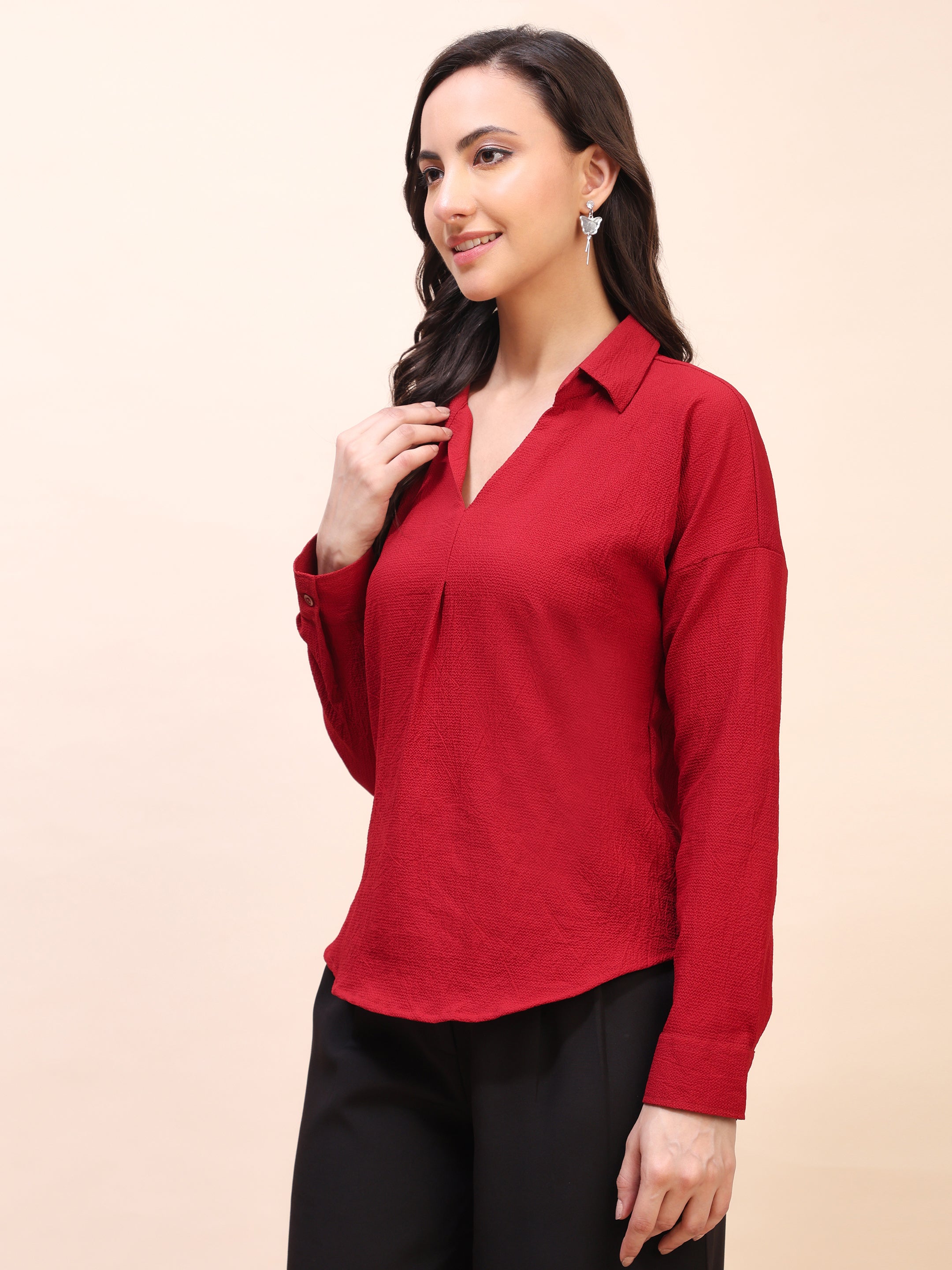 V-Neck Pleat Detail Full-Sleeve Top