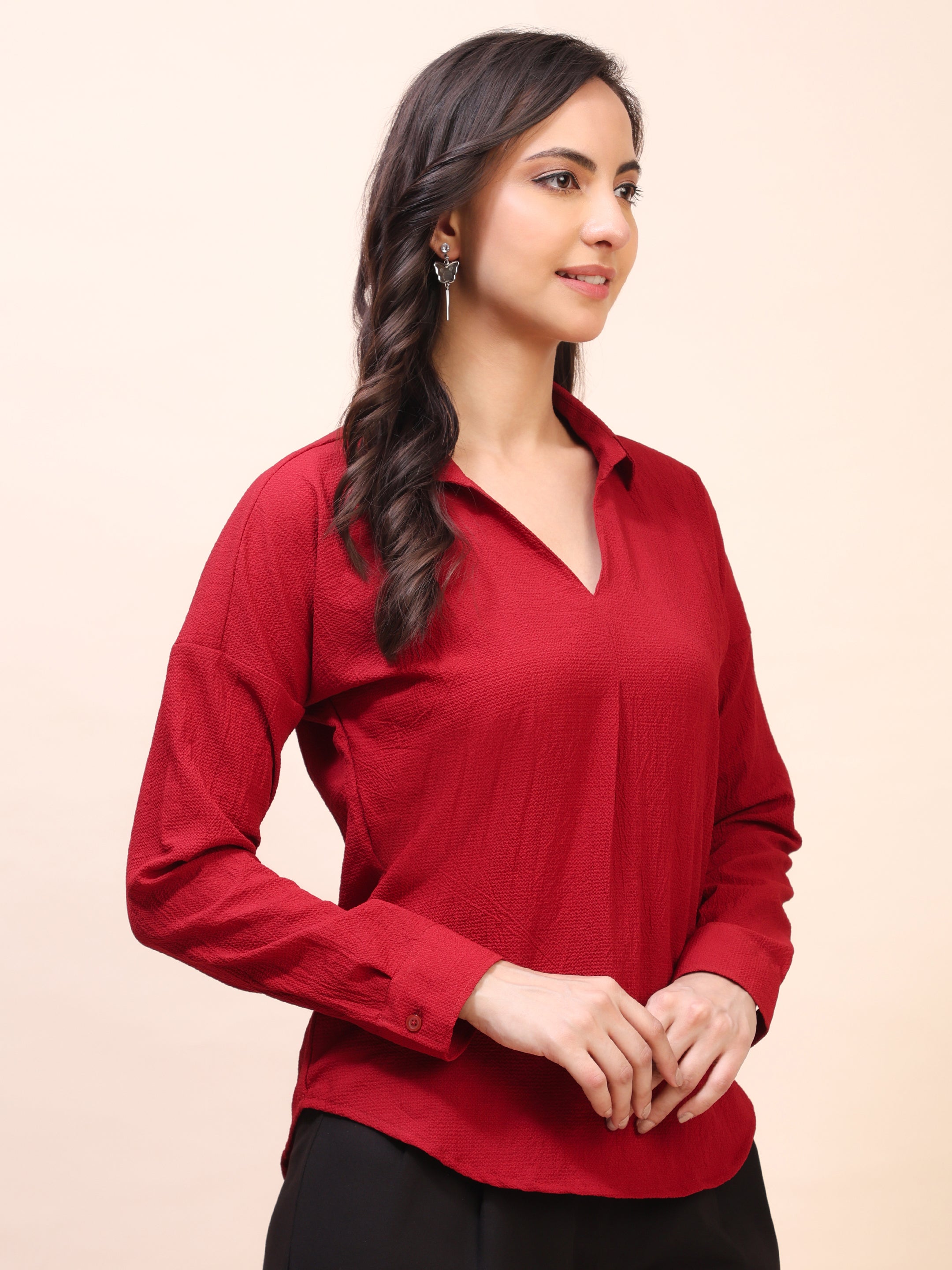 V-Neck Pleat Detail Full-Sleeve Top
