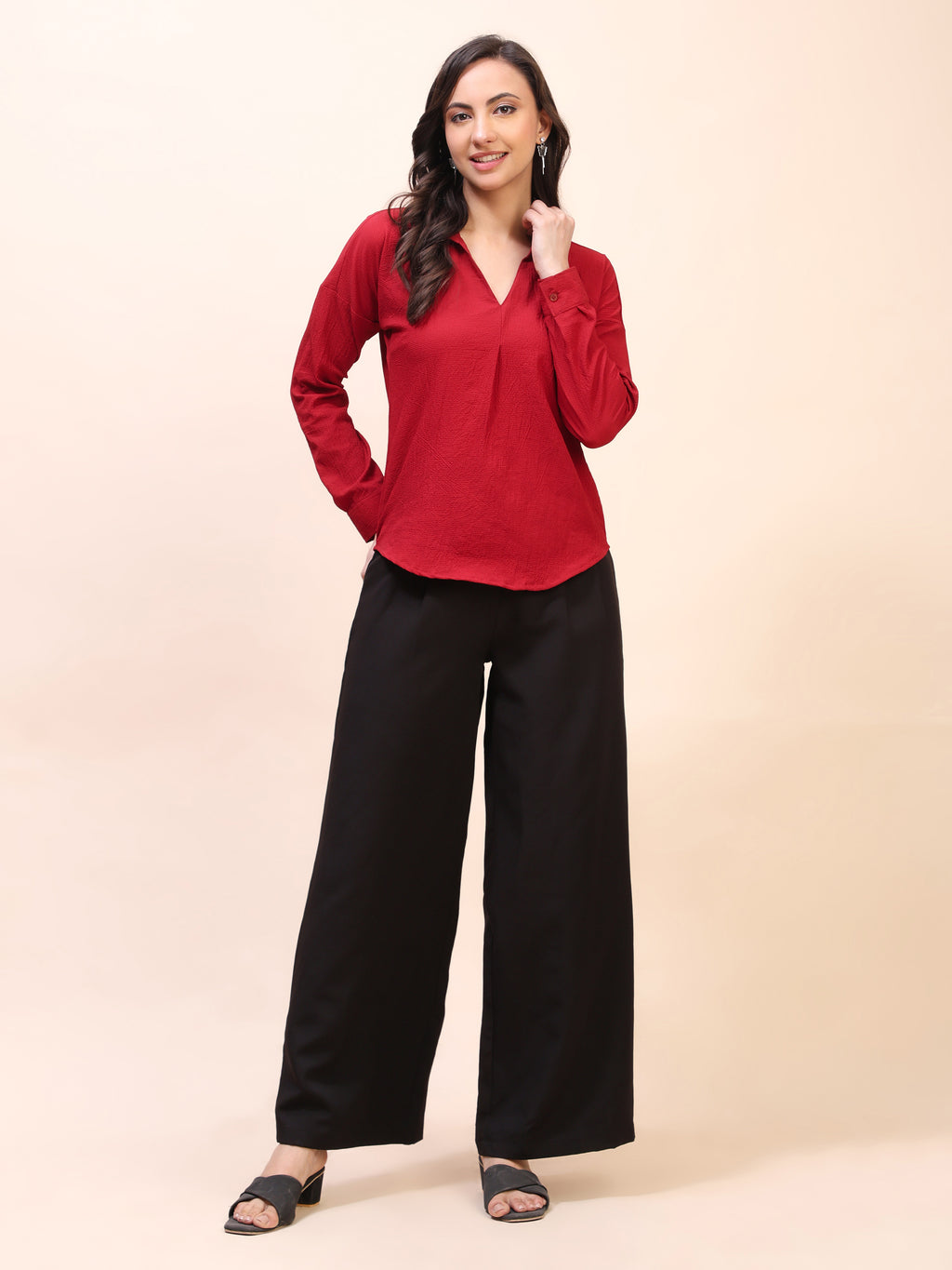 V-Neck Pleat Detail Full-Sleeve Top