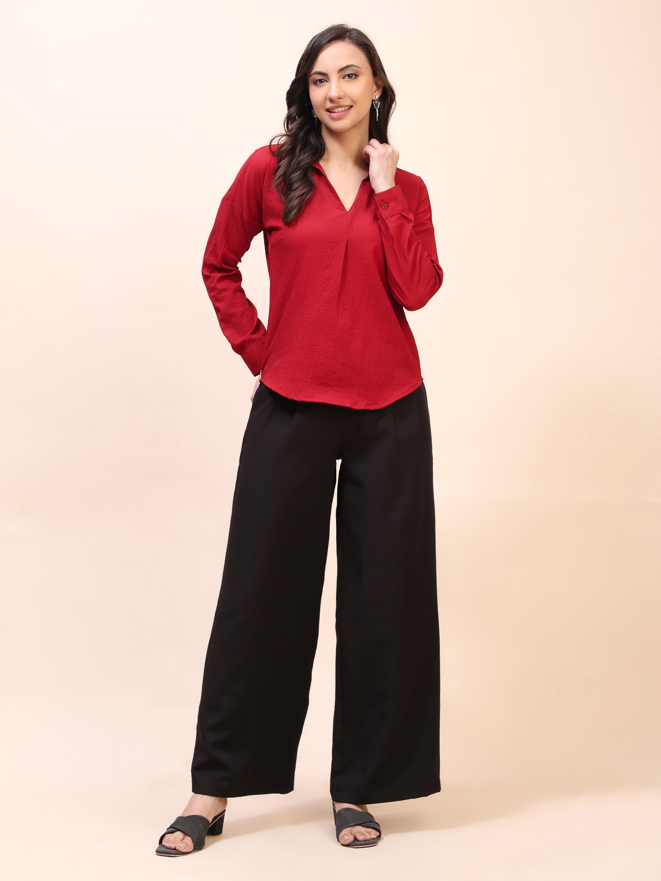 V-Neck Pleat Detail Full-Sleeve Top