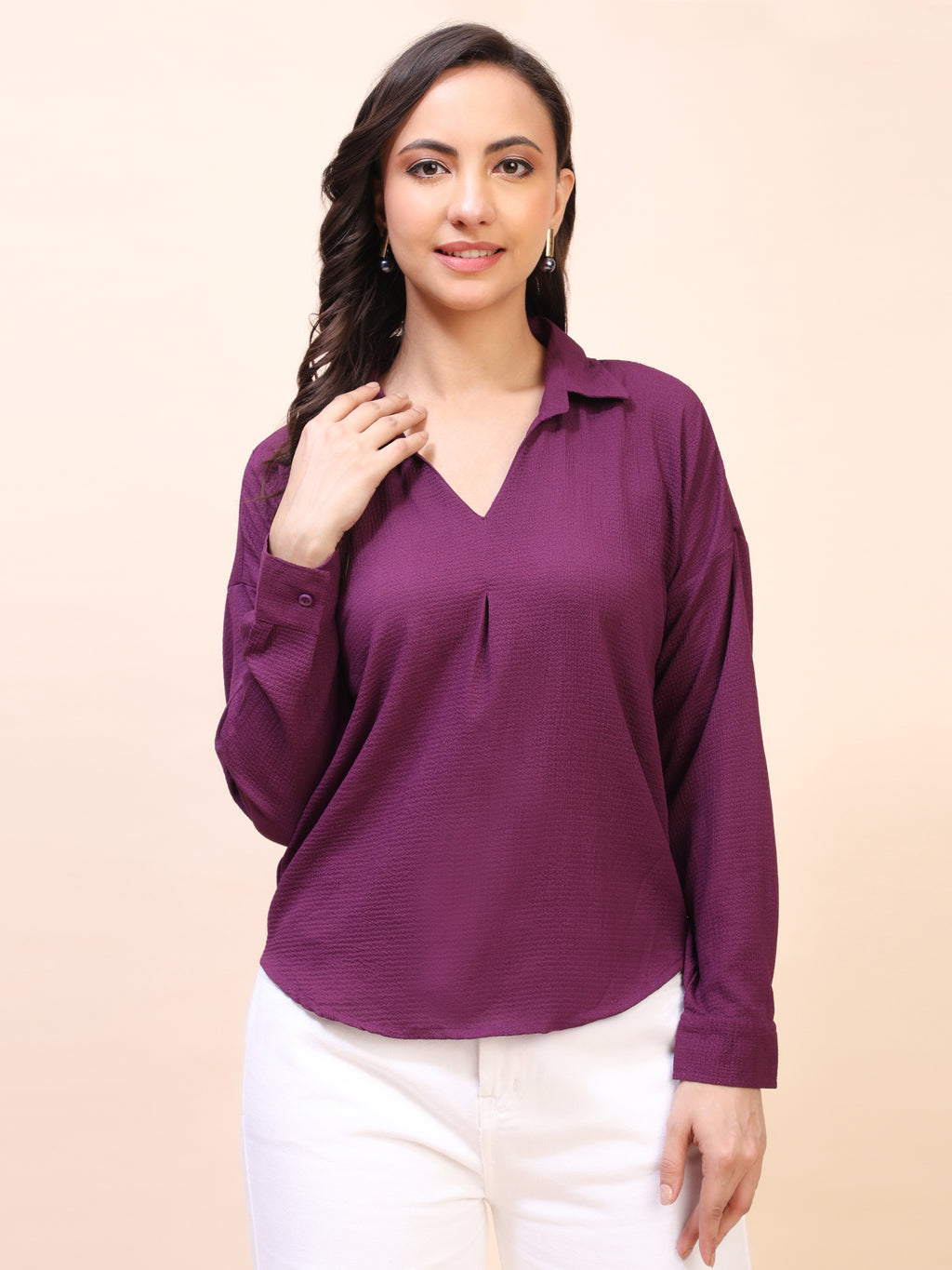V-Neck Pleat Detail Full-Sleeve Top