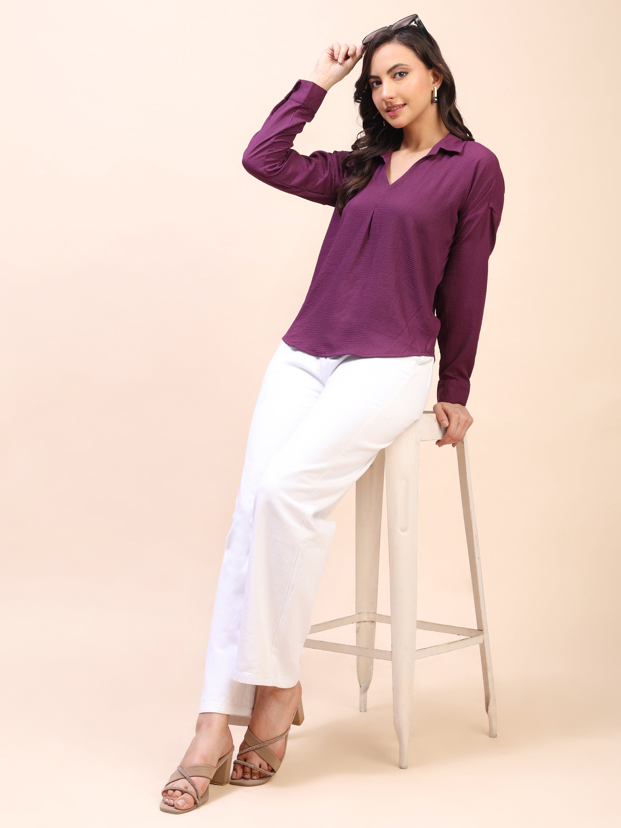 V-Neck Pleat Detail Full-Sleeve Top