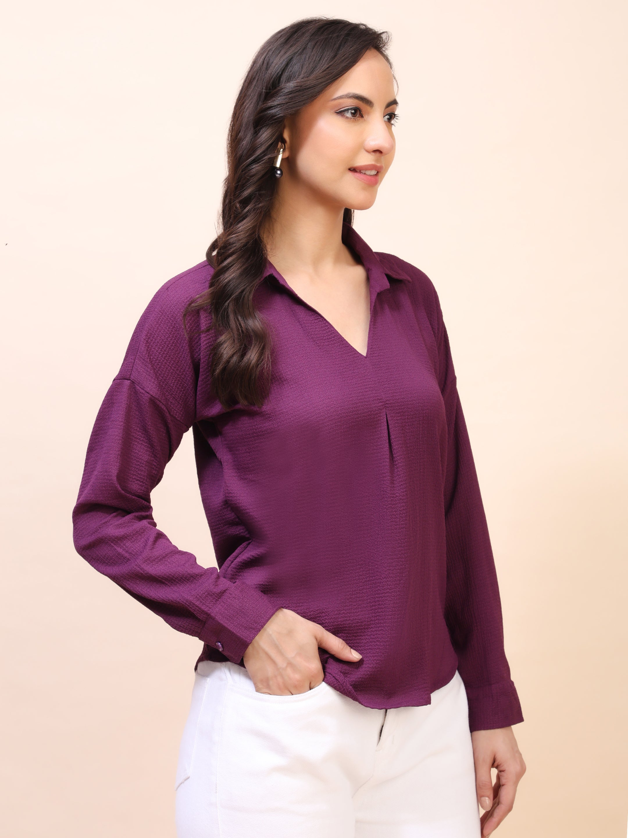 V-Neck Pleat Detail Full-Sleeve Top