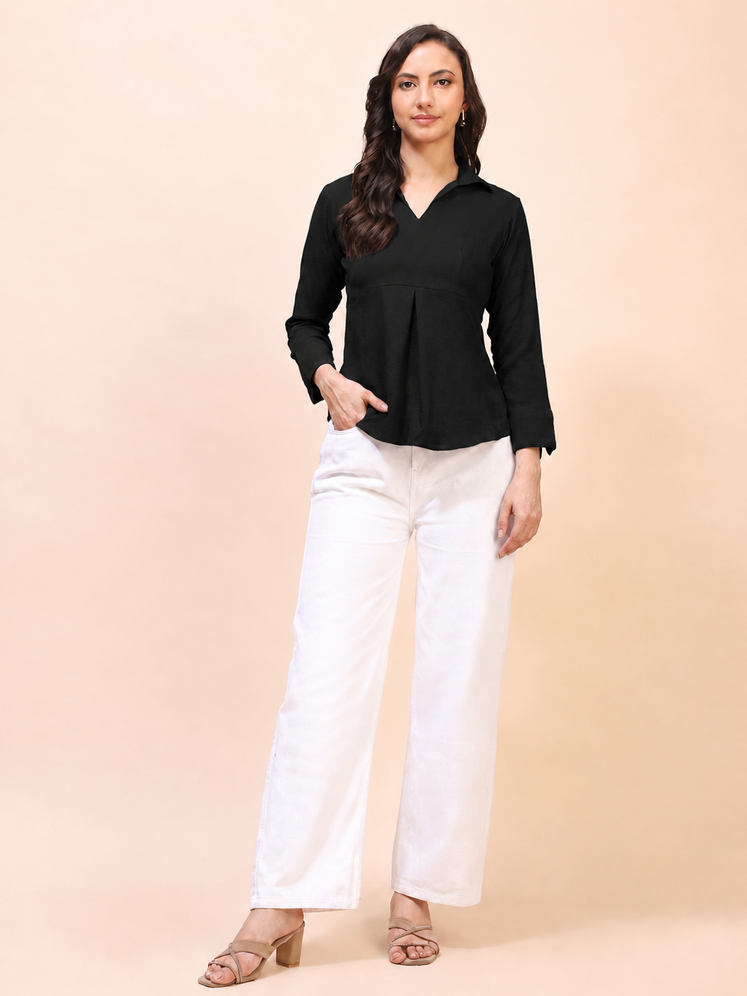 Collared Pleat Detail Peplum Top