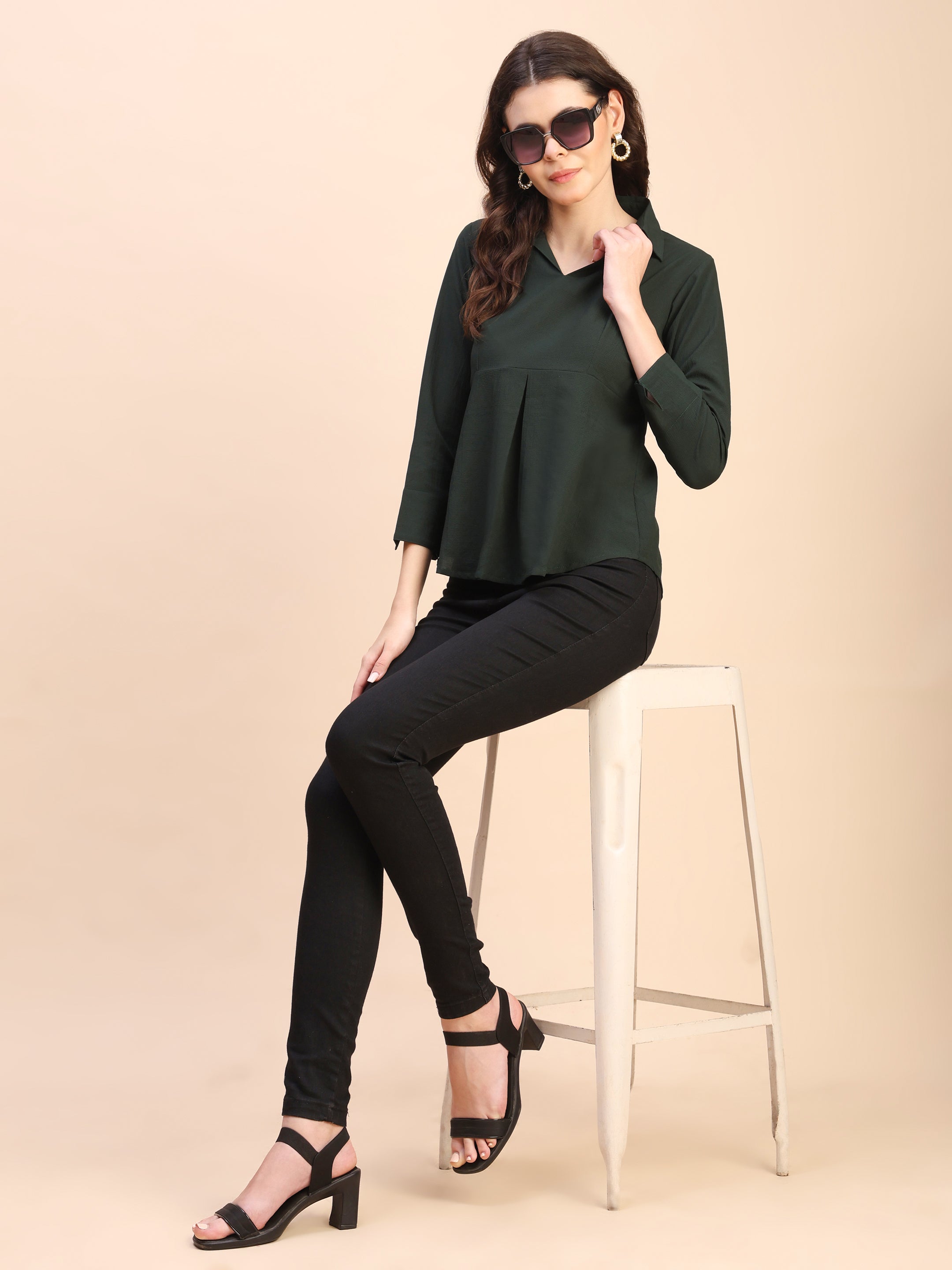 Collared Pleat Detail Peplum Top