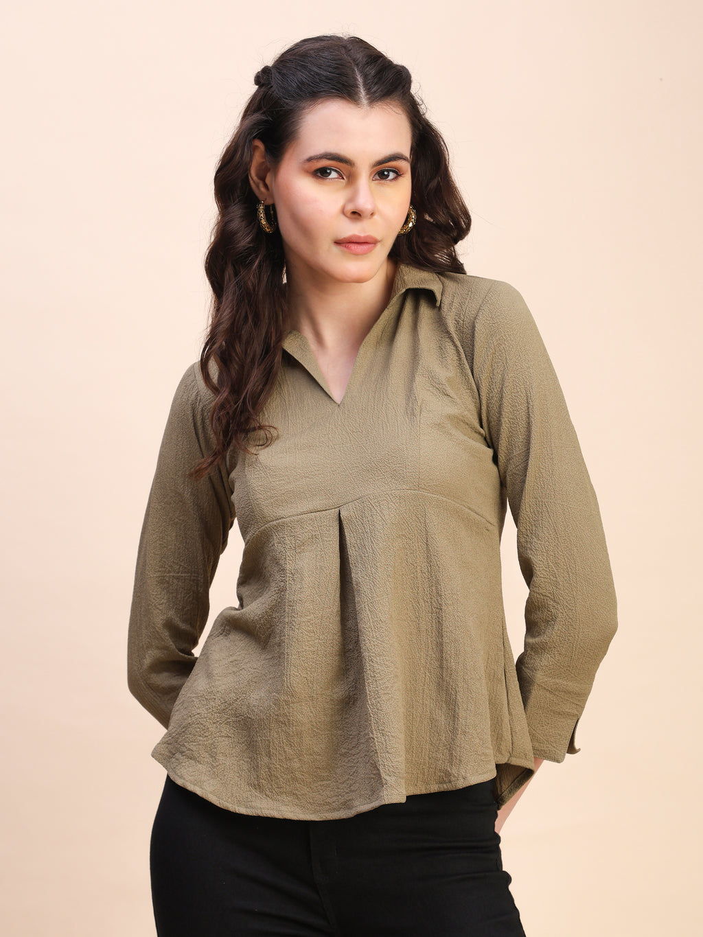 Collared Pleat Detail Peplum Top