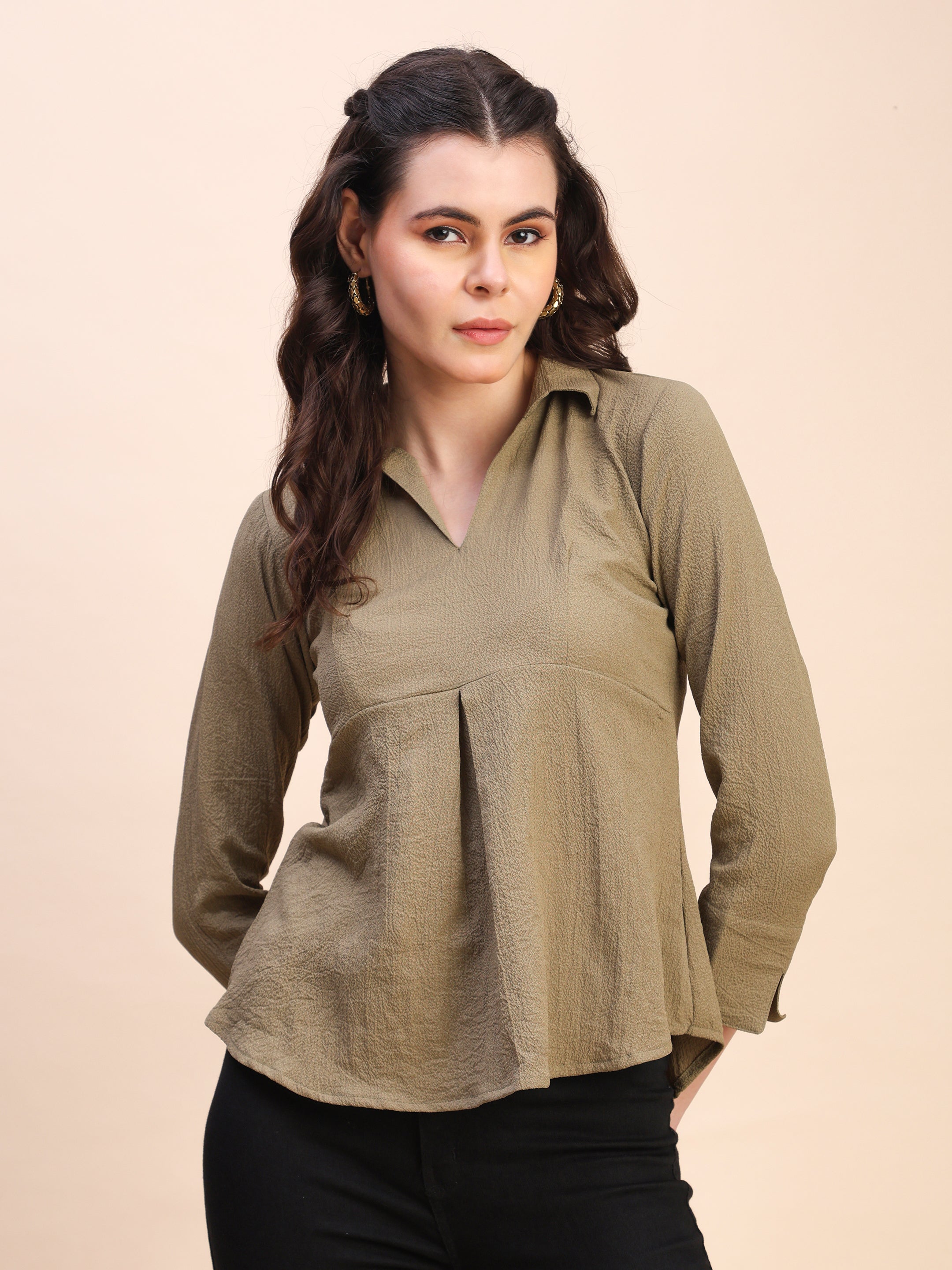 Collared Pleat Detail Peplum Top