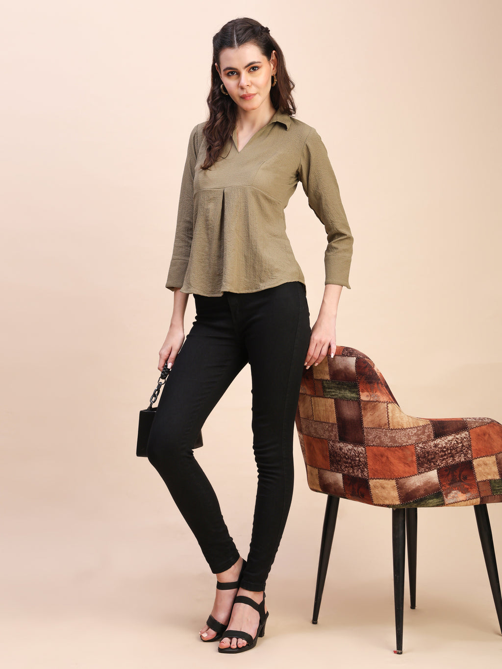 Collared Pleat Detail Peplum Top
