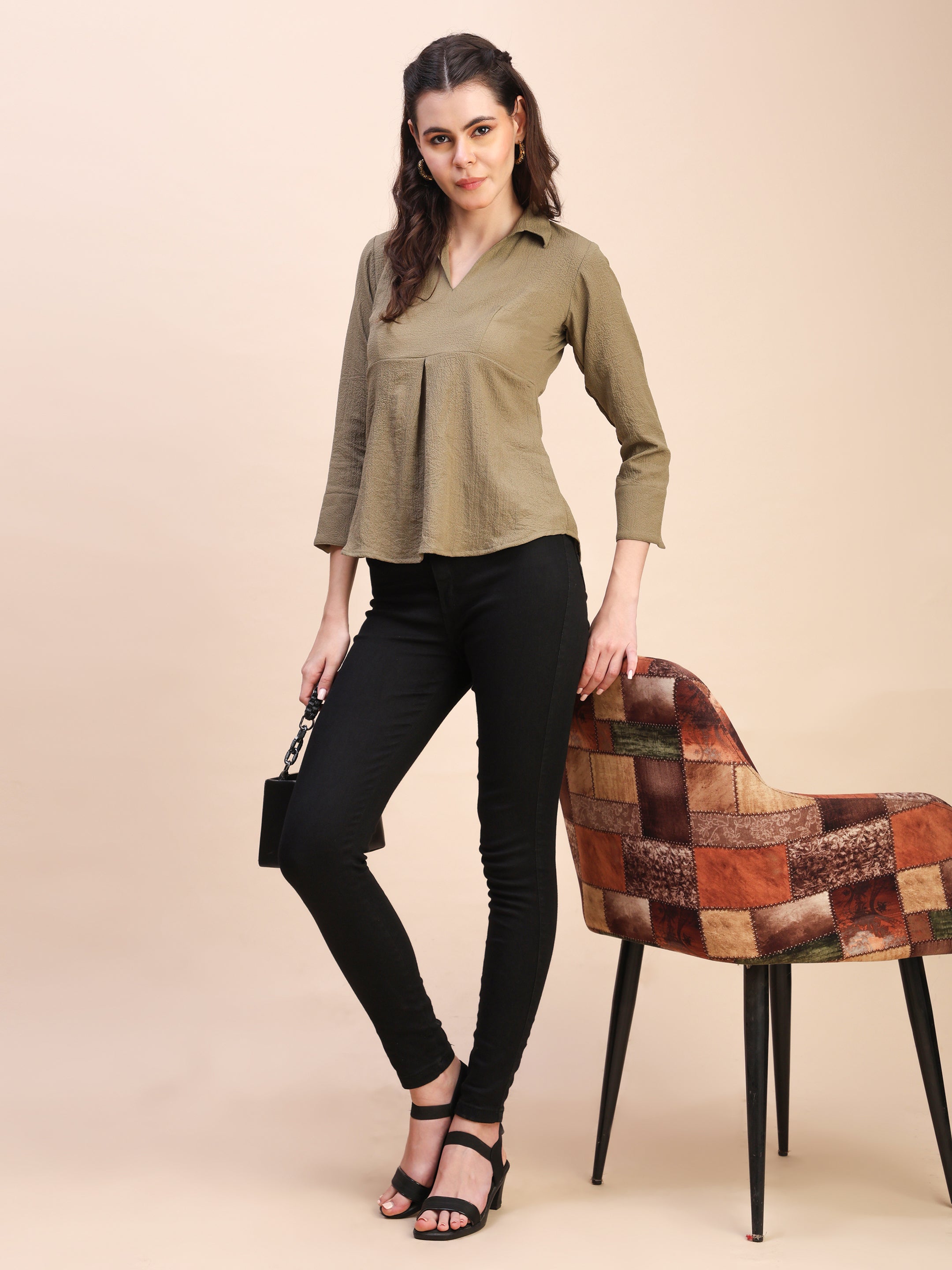 Collared Pleat Detail Peplum Top