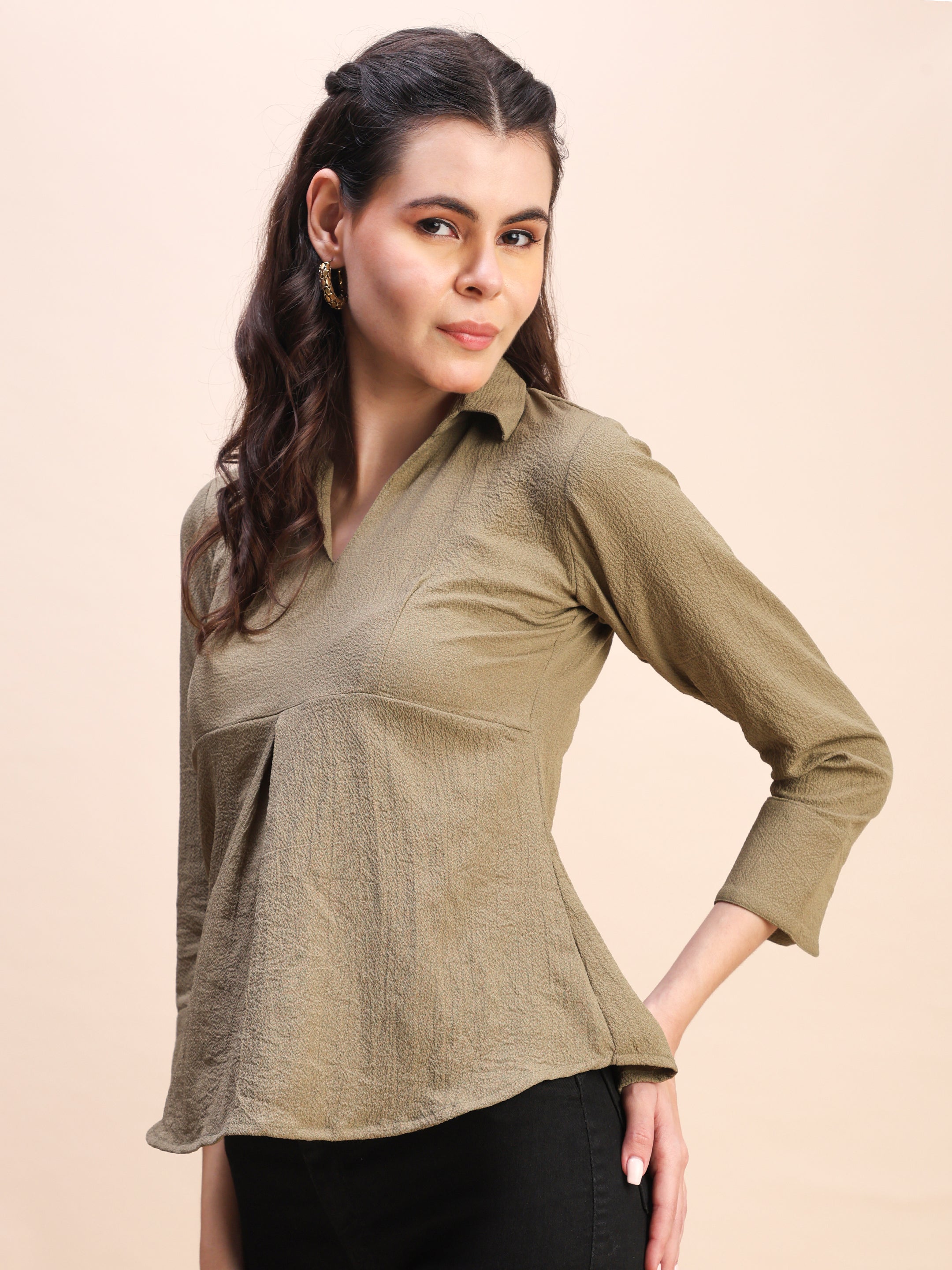 Collared Pleat Detail Peplum Top