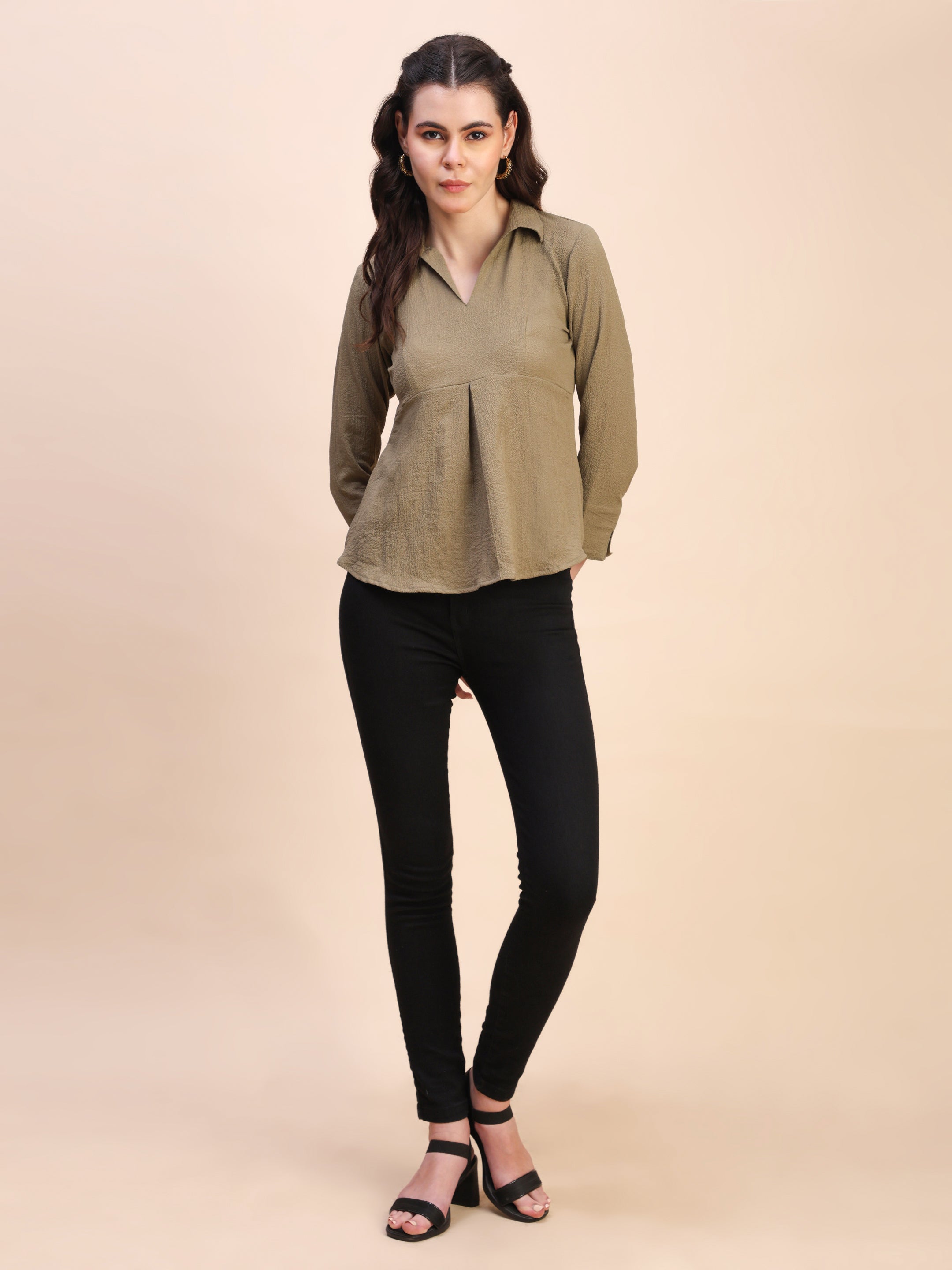 Collared Pleat Detail Peplum Top