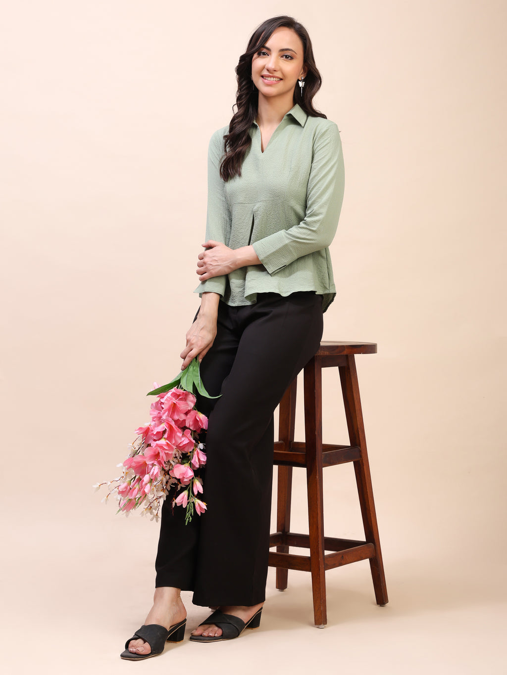 Collared Pleat Detail Peplum Top