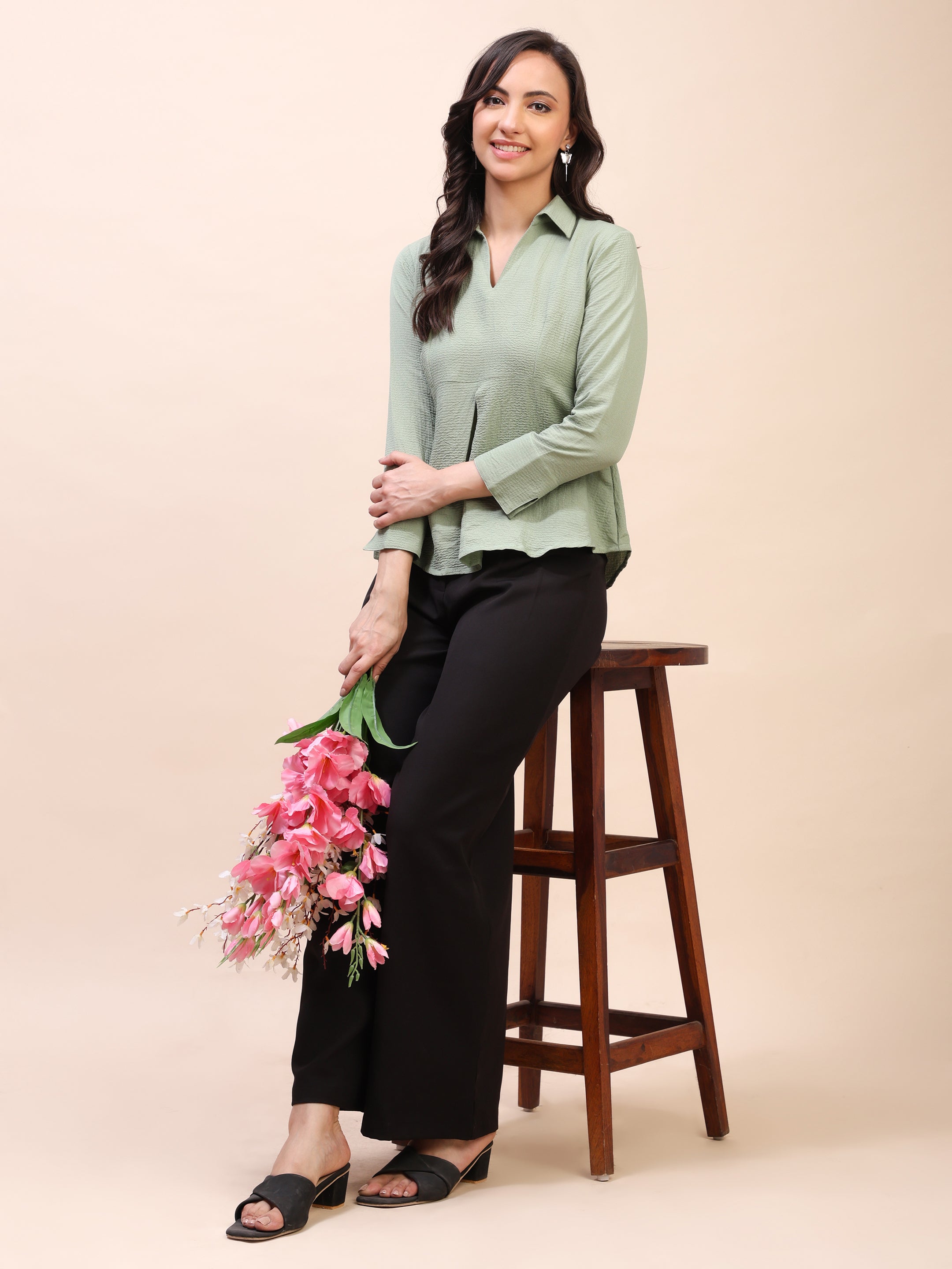 Collared Pleat Detail Peplum Top