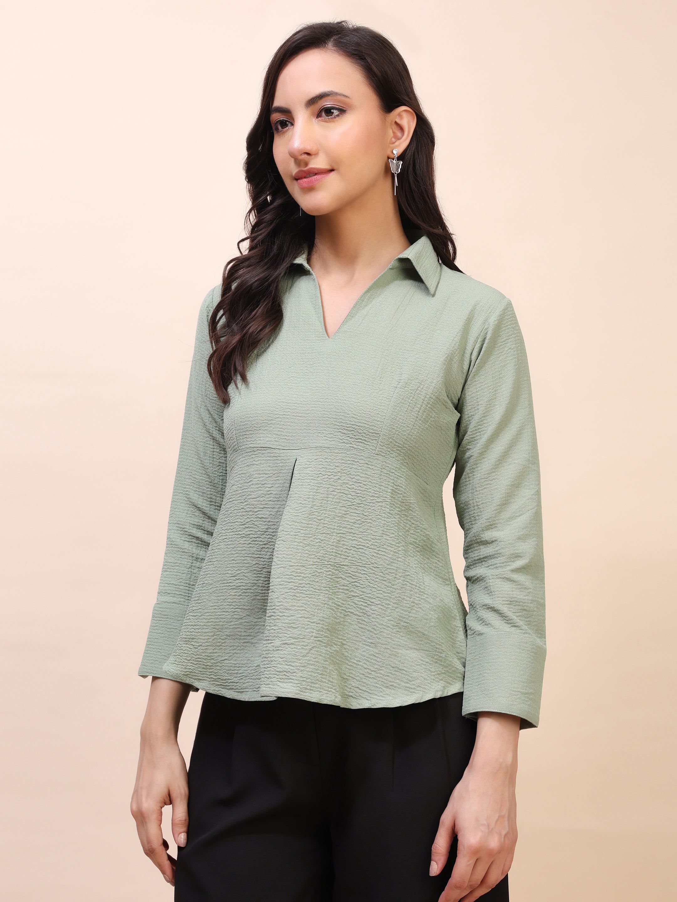 Collared Pleat Detail Peplum Top