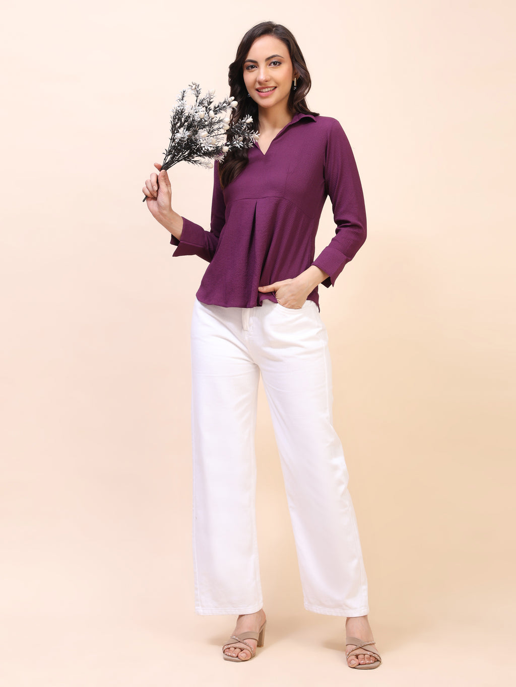 Collared Pleat Detail Peplum Top