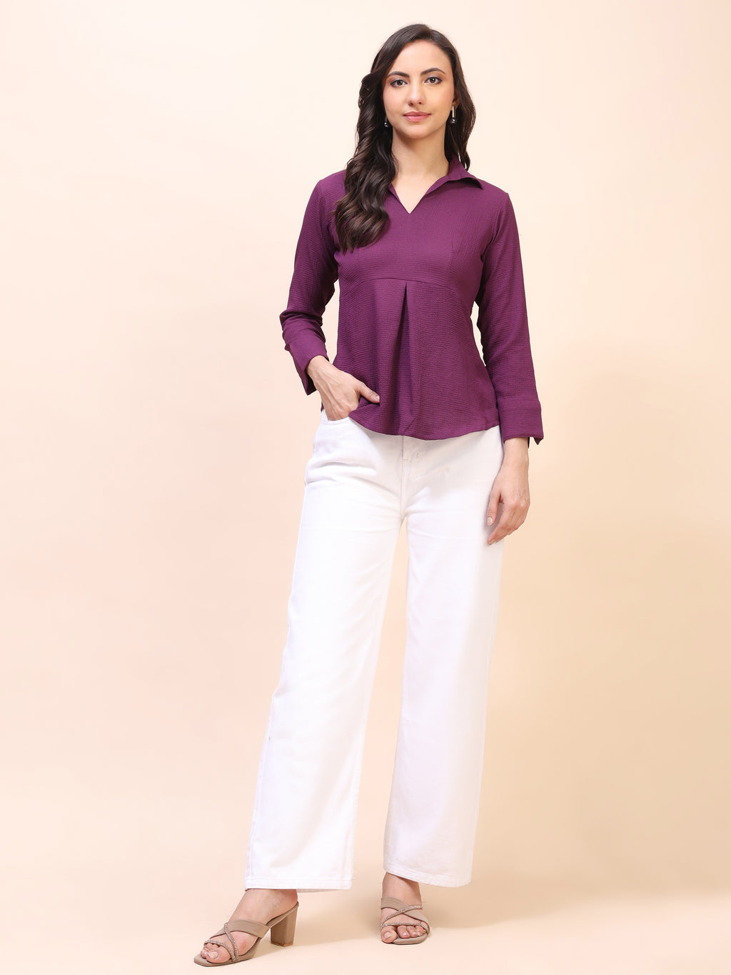Collared Pleat Detail Peplum Top