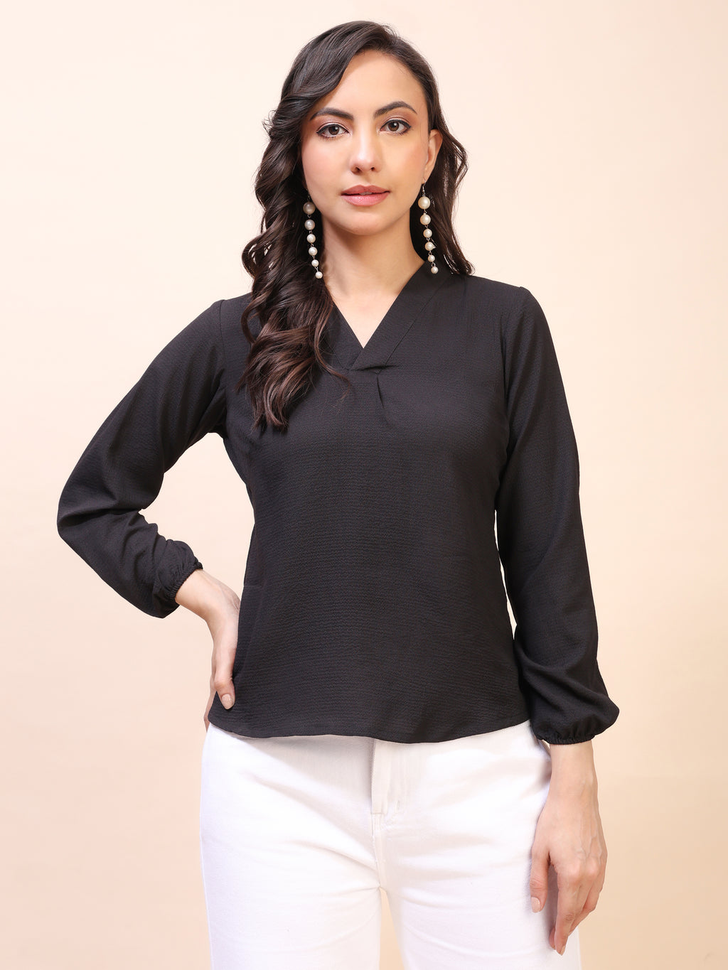 V-Neck Pleat Detail Full-Sleeve Top