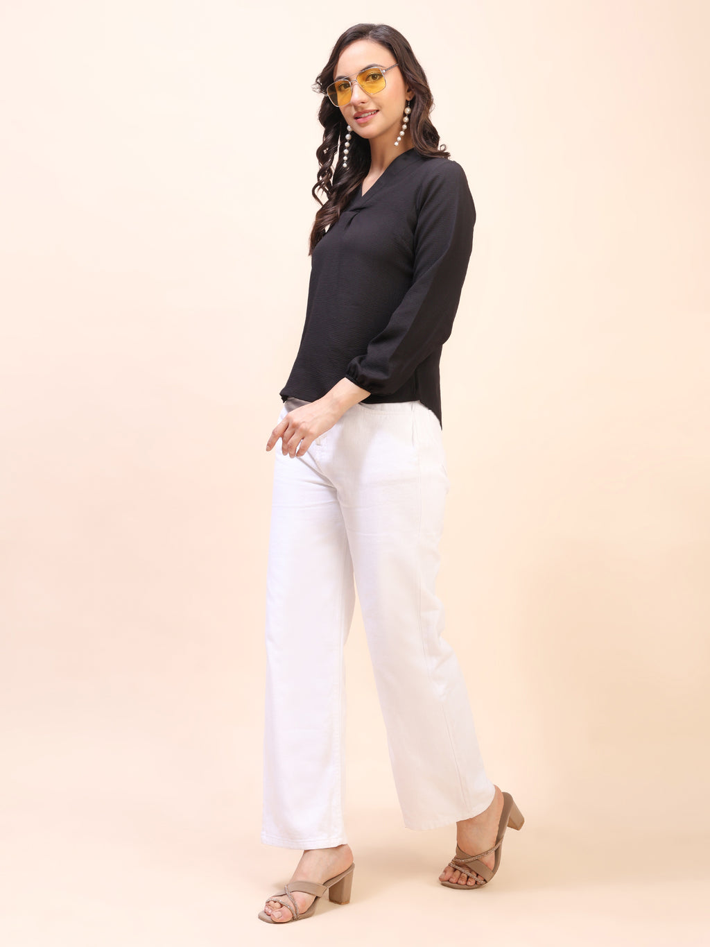 V-Neck Pleat Detail Full-Sleeve Top