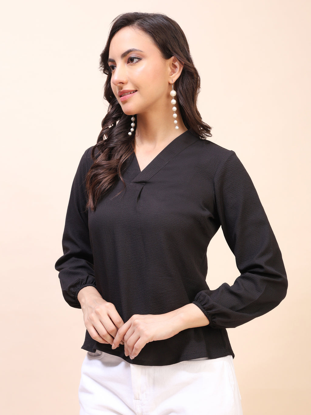 V-Neck Pleat Detail Full-Sleeve Top