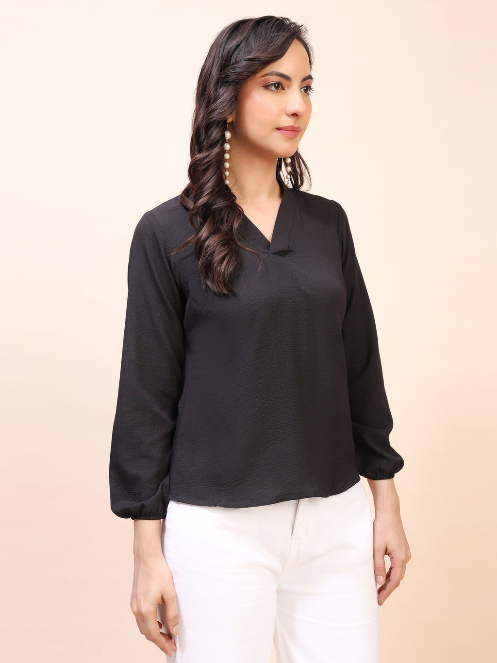 V-Neck Pleat Detail Full-Sleeve Top