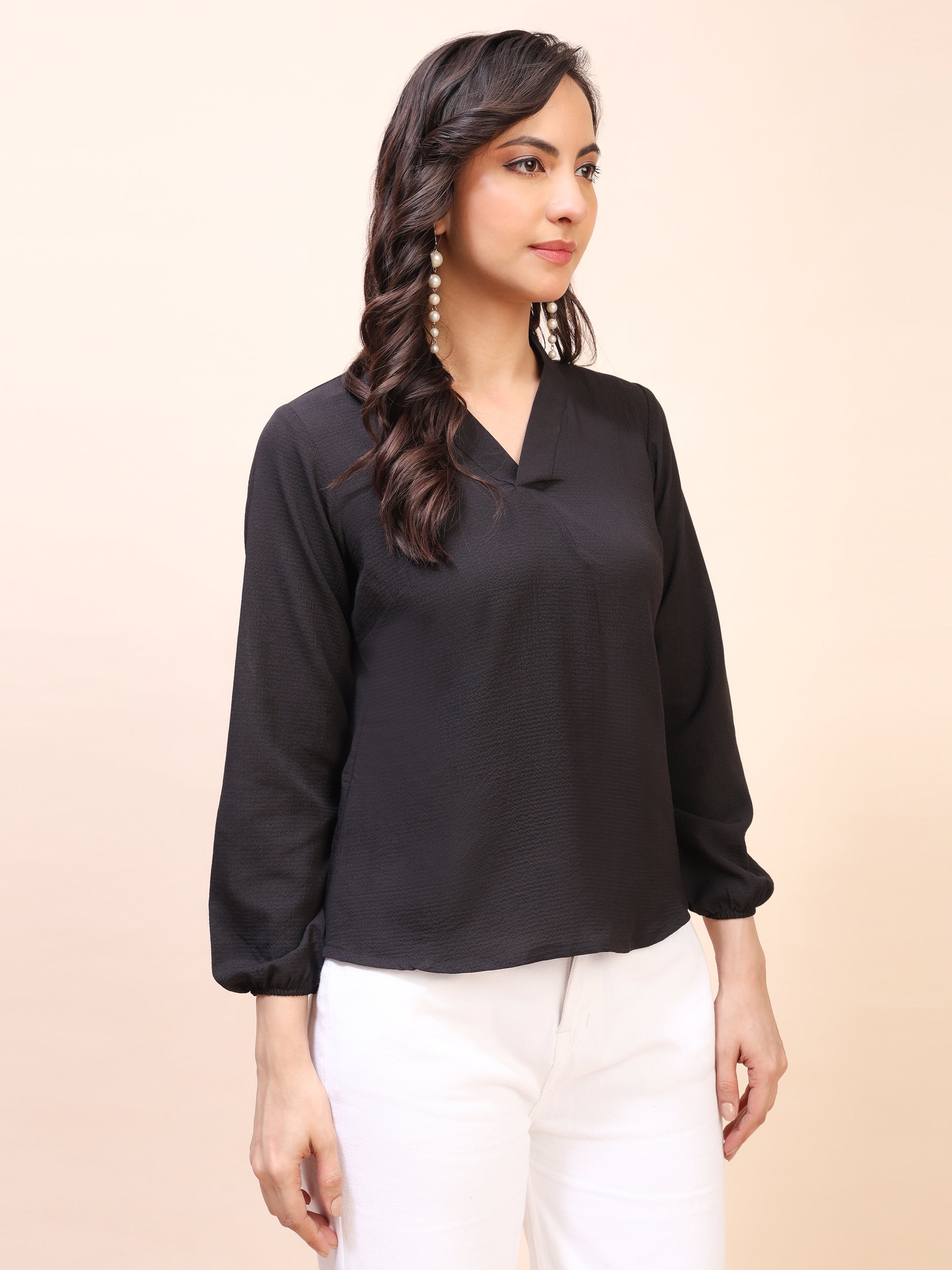 V-Neck Pleat Detail Full-Sleeve Top