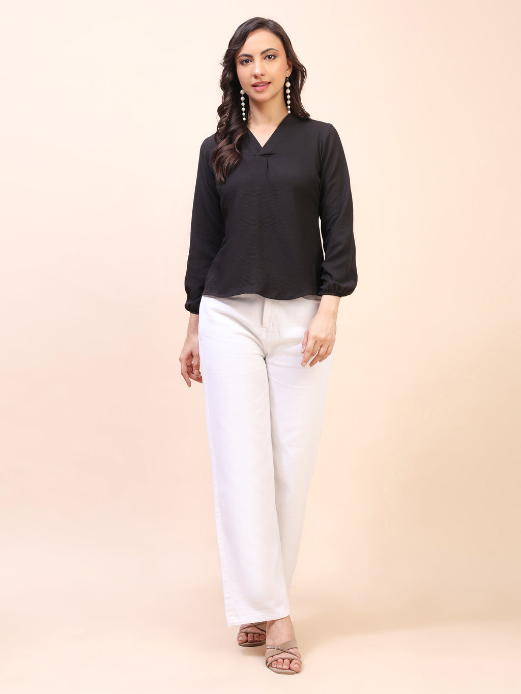 V-Neck Pleat Detail Full-Sleeve Top
