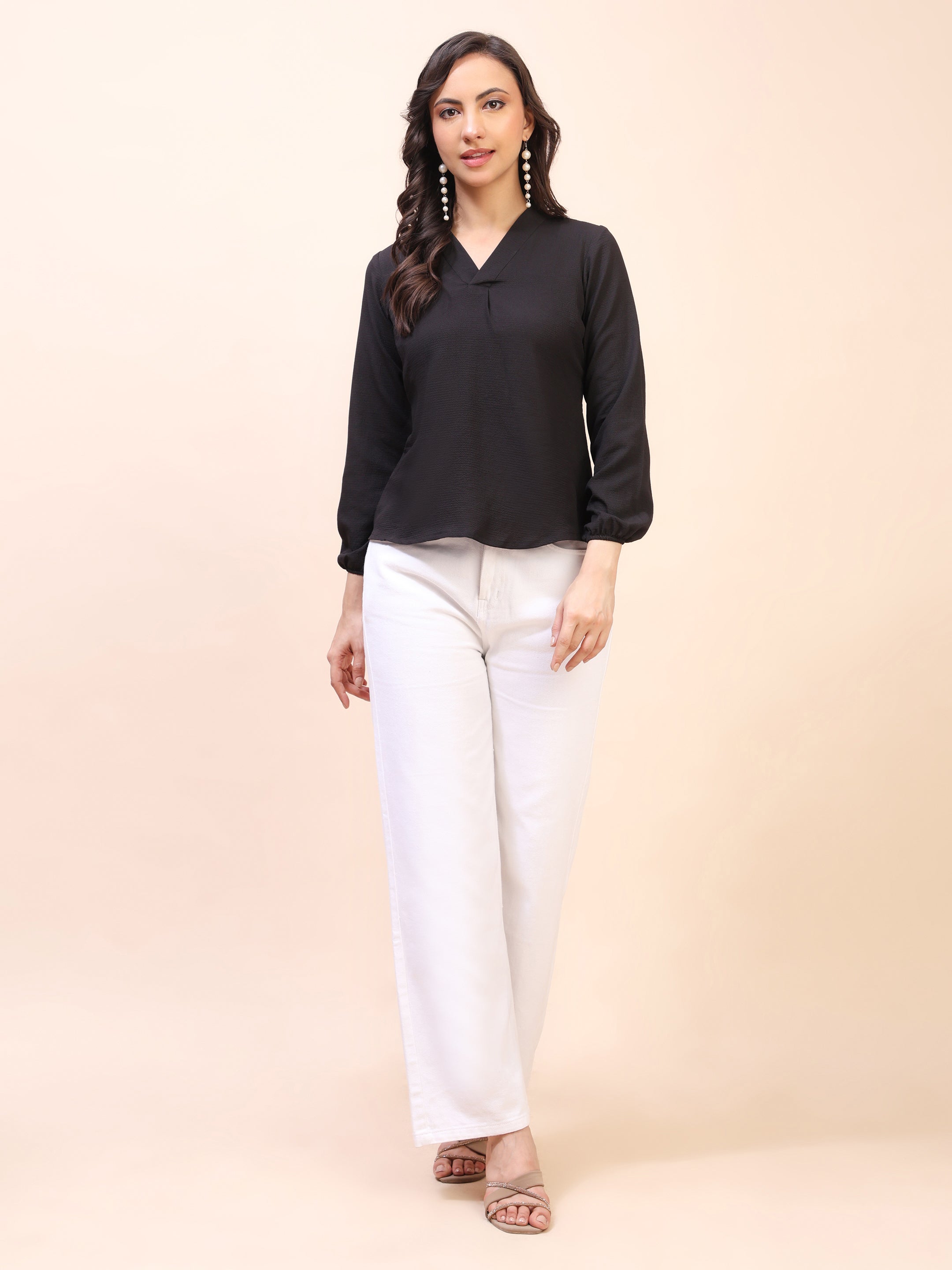 V-Neck Pleat Detail Full-Sleeve Top