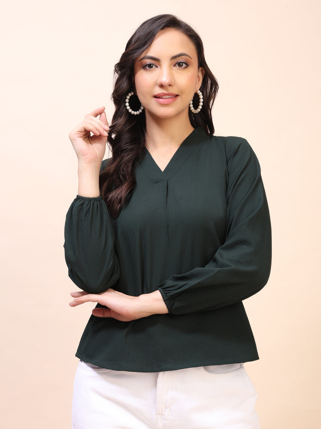 V-Neck Pleat Detail Full-Sleeve Top