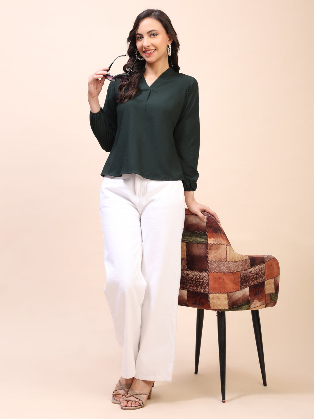 V-Neck Pleat Detail Full-Sleeve Top