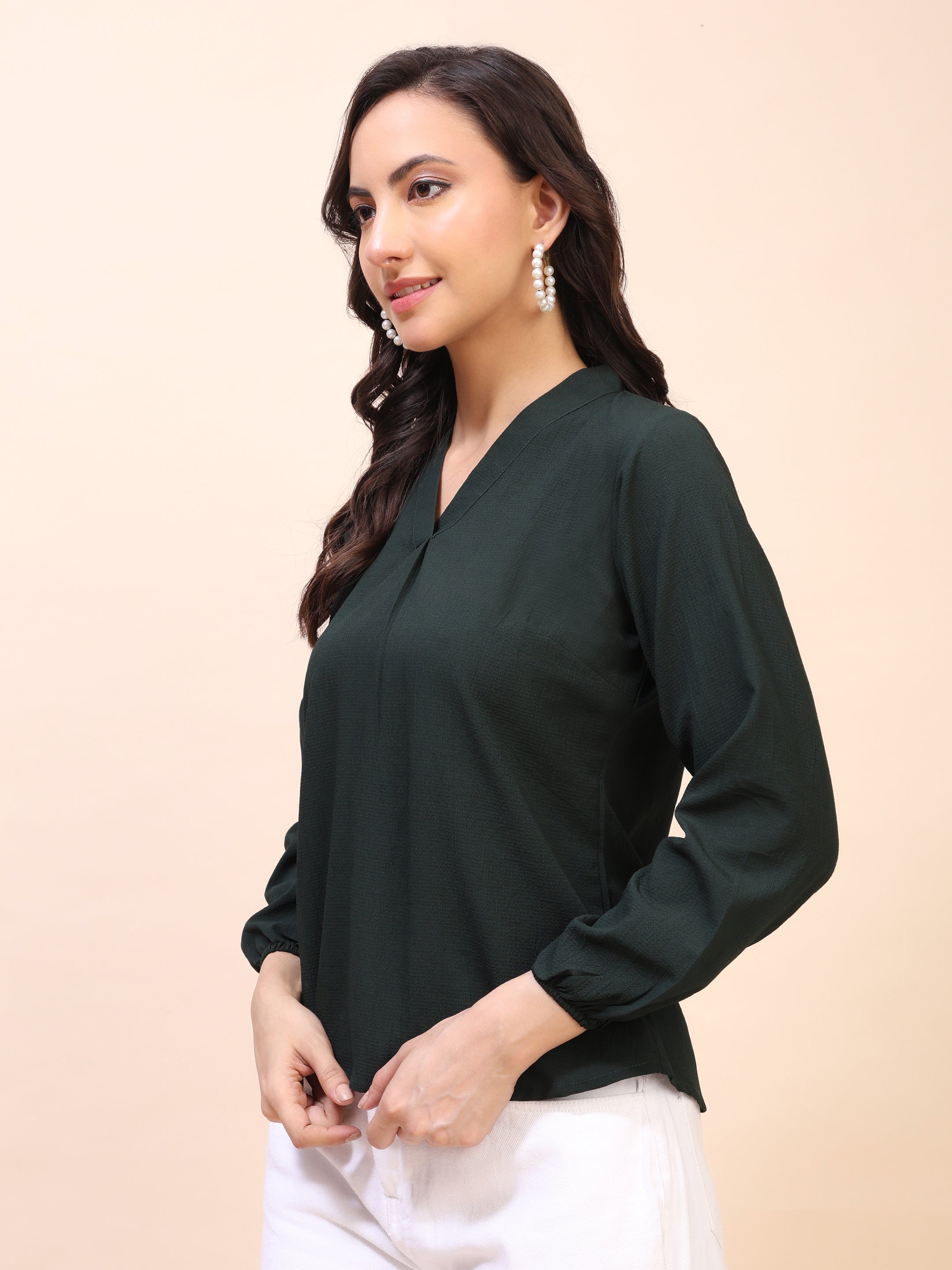 V-Neck Pleat Detail Full-Sleeve Top