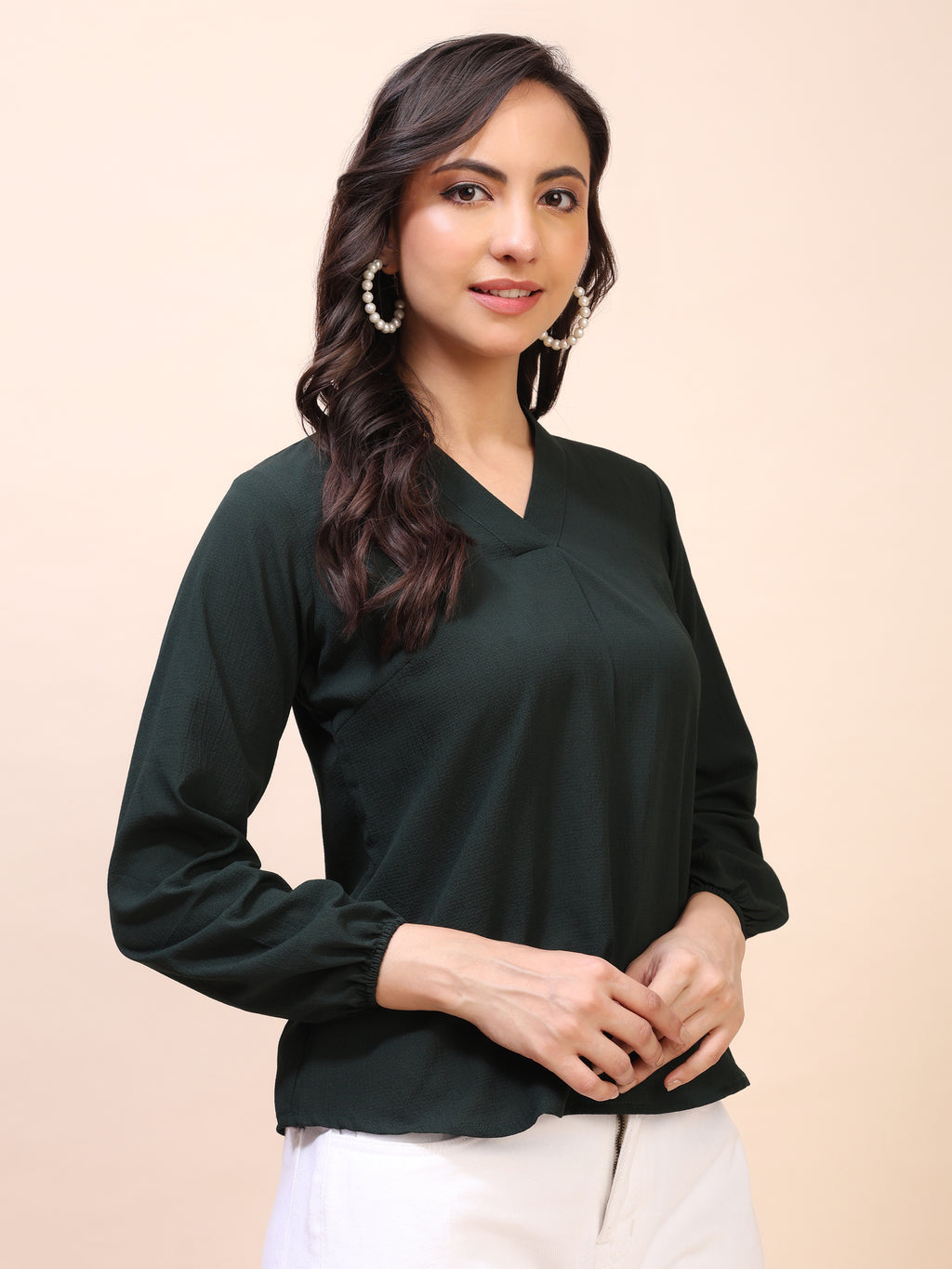 V-Neck Pleat Detail Full-Sleeve Top