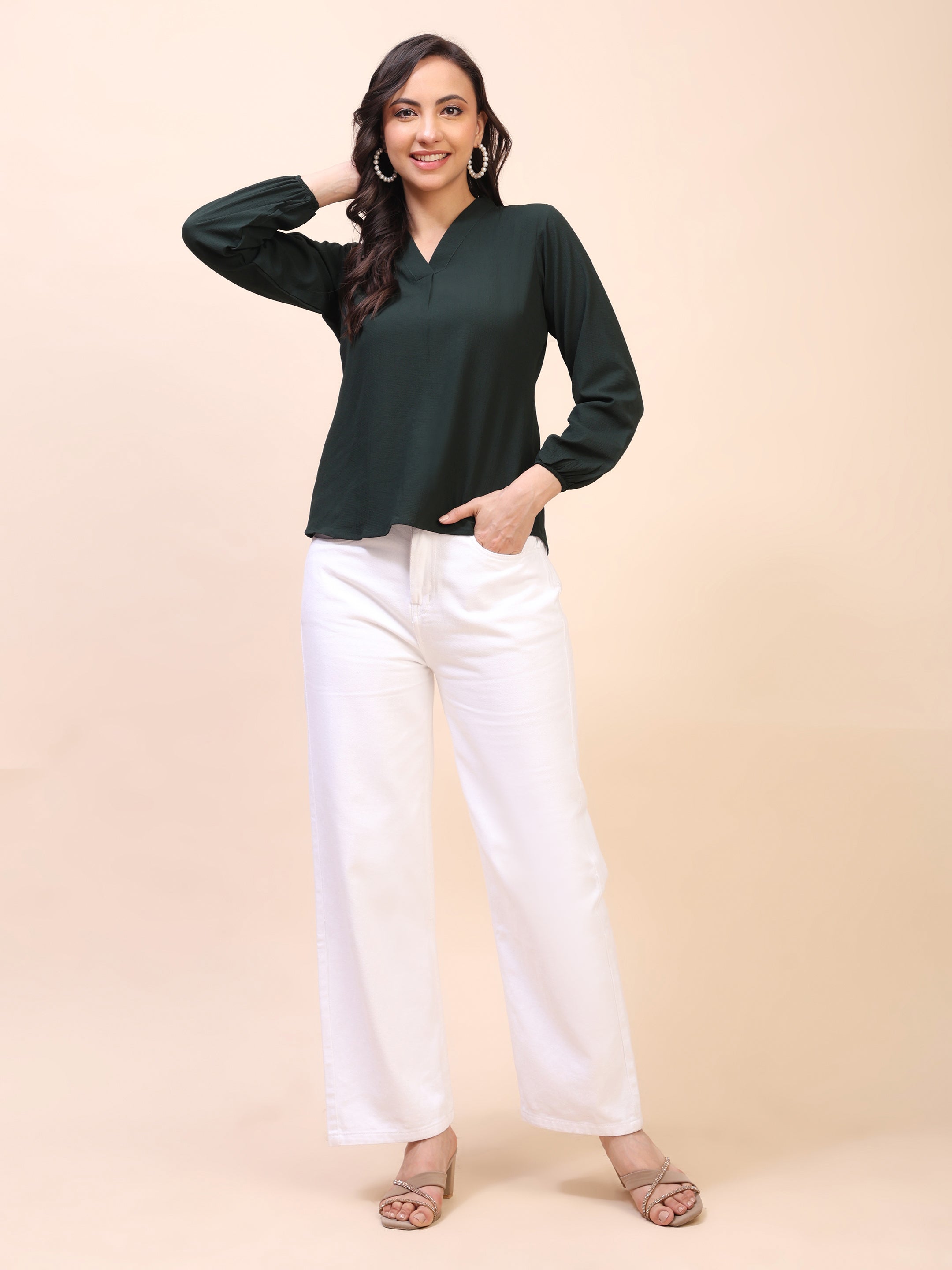V-Neck Pleat Detail Full-Sleeve Top