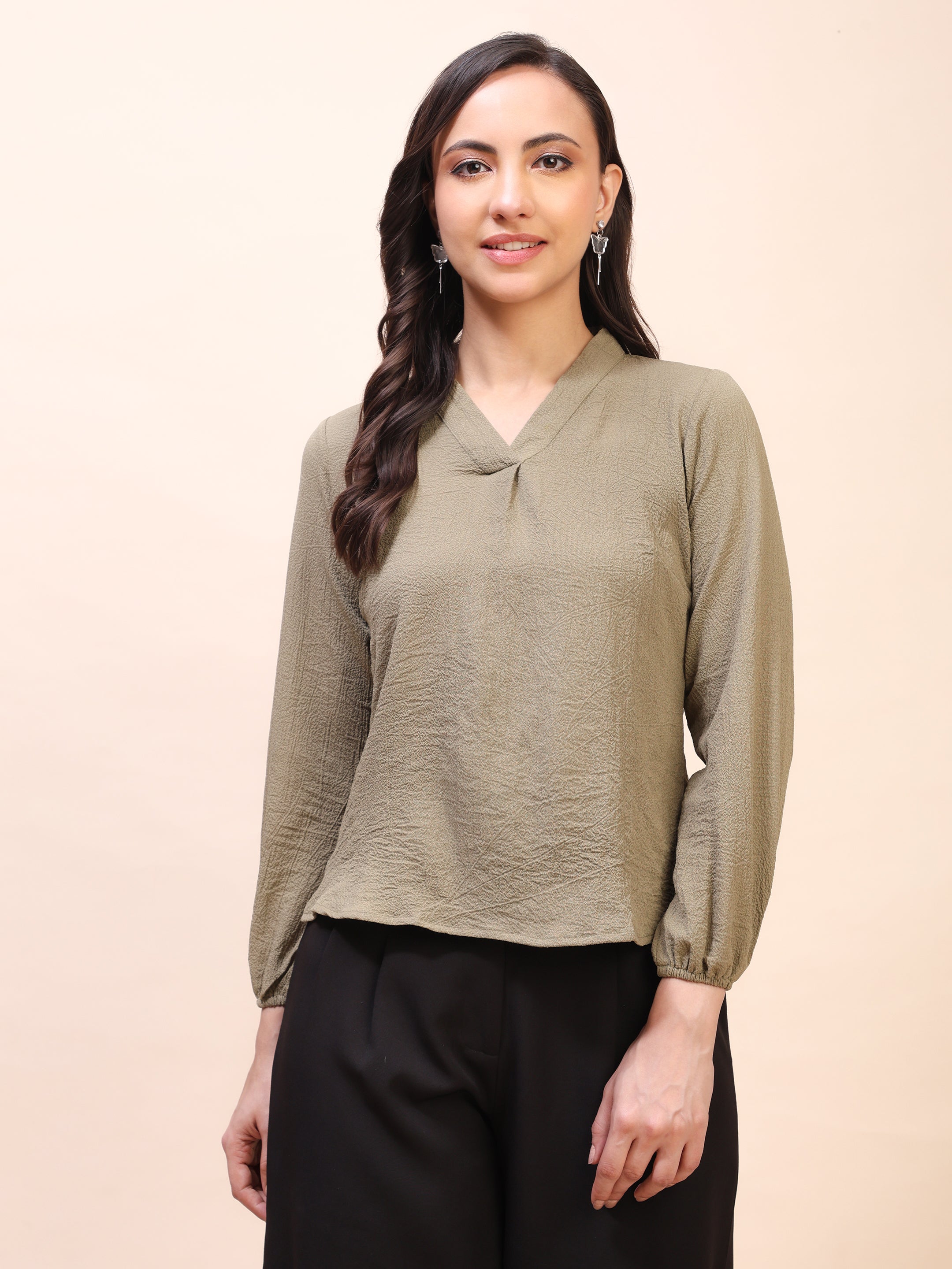 V-Neck Pleat Detail Full-Sleeve Top