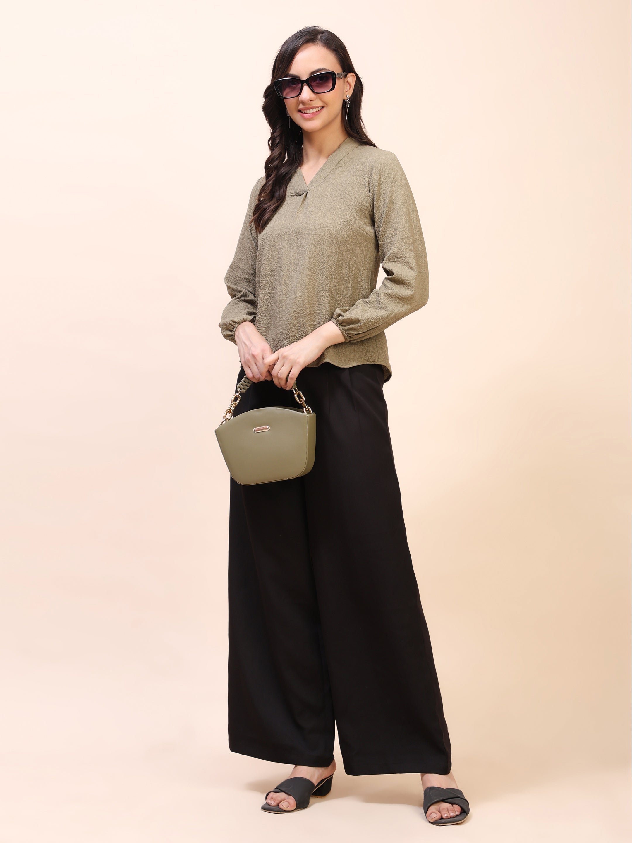 V-Neck Pleat Detail Full-Sleeve Top