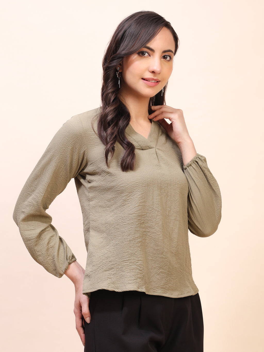 V-Neck Pleat Detail Full-Sleeve Top