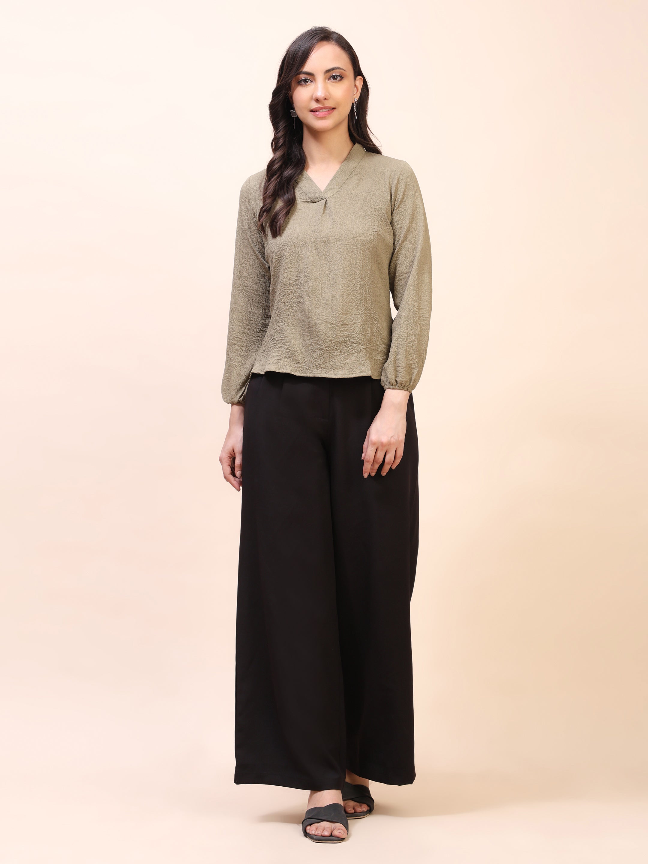 V-Neck Pleat Detail Full-Sleeve Top